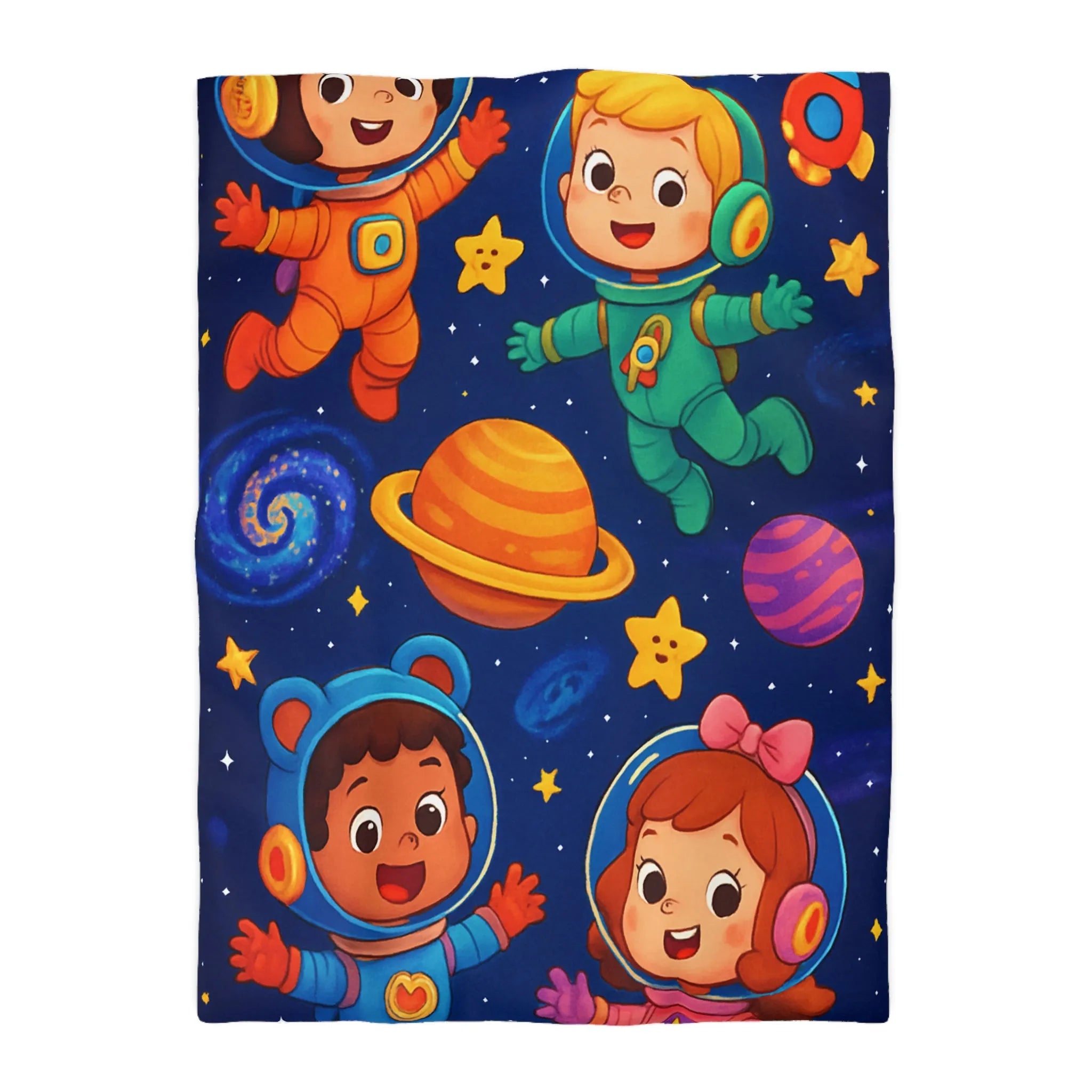 Housse de Couette Enfant : Aventure Cosmique avec Astronautes et Étoiles Colorées Stylisées
