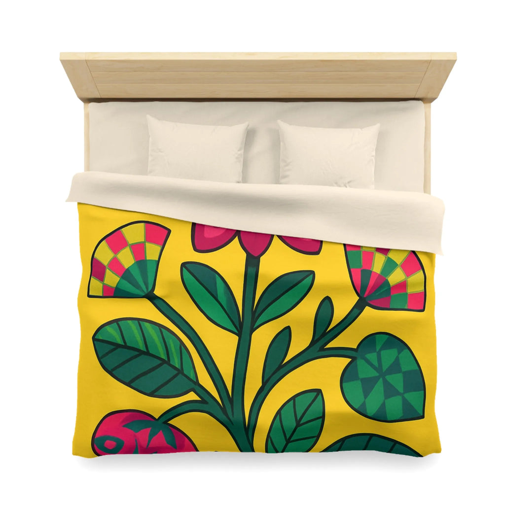 Housse de couette florale vibrante avec grandes fleurs rouges et feuilles vertes sur fond jaune