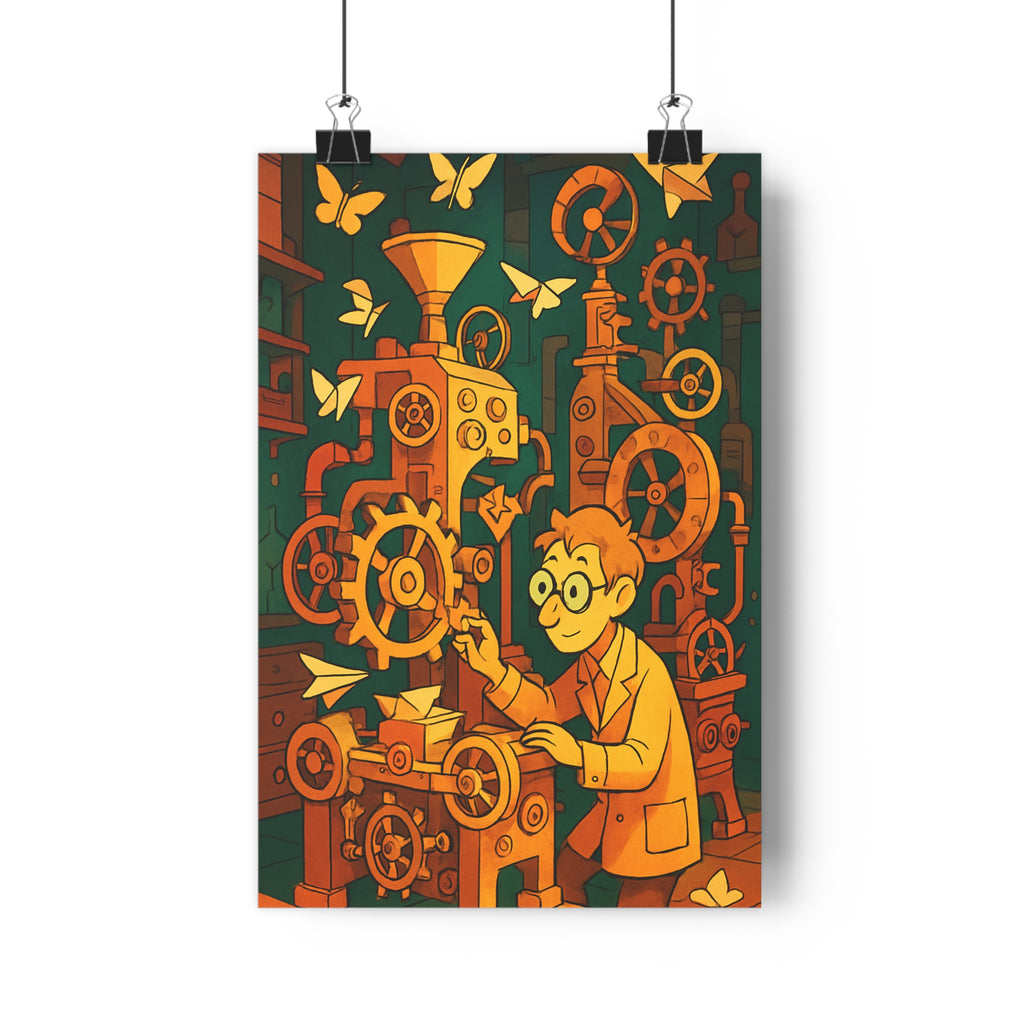 Poster décoratif steampunk orange jaune vintage nostalgique bureau créatif aventure machine homme complexe papillon