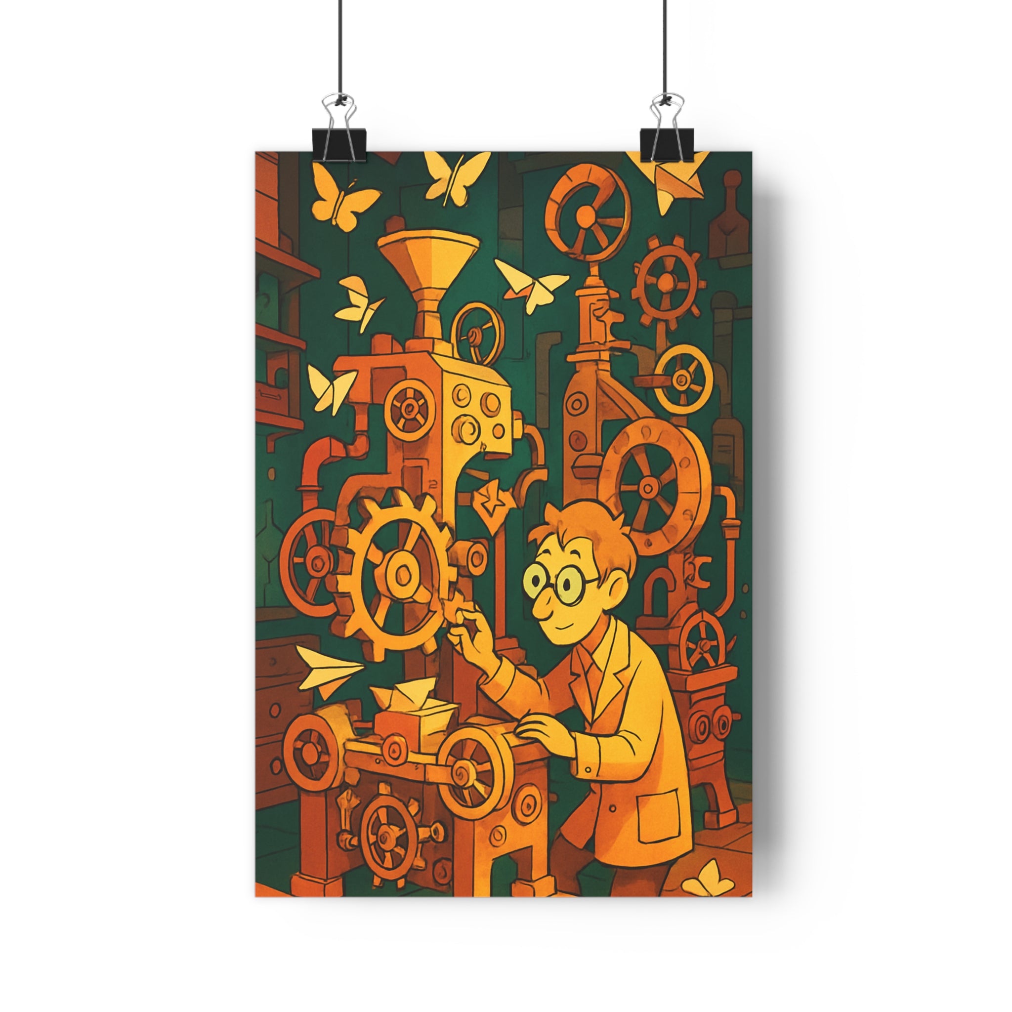 Poster décoratif steampunk orange jaune vintage nostalgique bureau créatif aventure machine homme complexe papillon