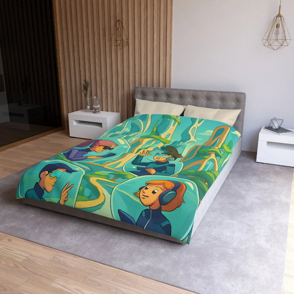 Housse de couette futuriste avec paysage urbain et personnages connectés en réalité augmentée