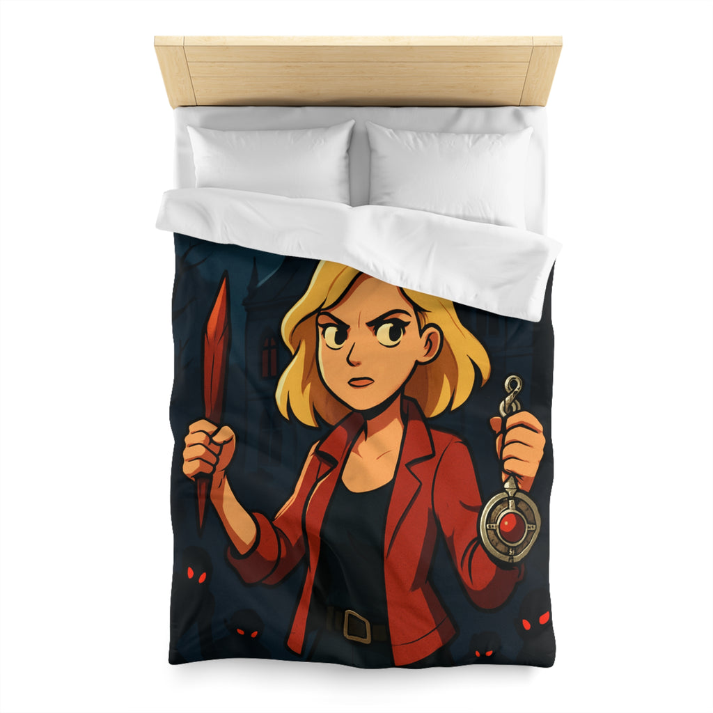 Housse de couette mystérieuse avec scène de château effrayant, pleine lune et silhouette combattive