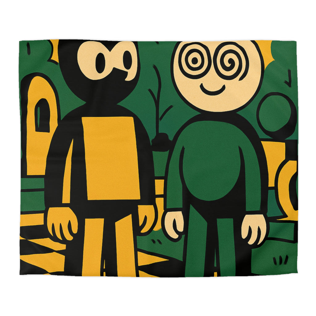 Housse de couette style pop-art cartoon avec personnages et paysage graphique original