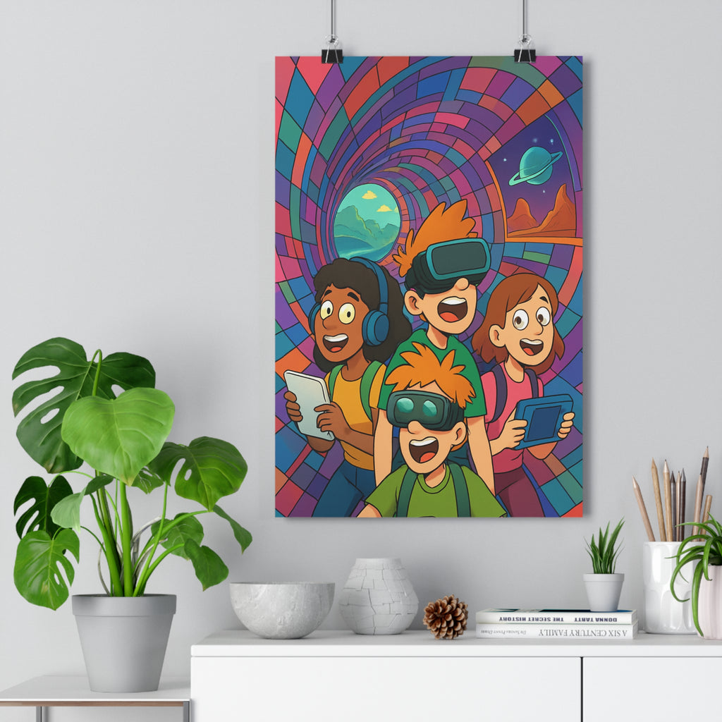 Poster décoratif moderne vibrant couleurs vives aventure enfants futuriste casque réalité virtuelle chambre qualité