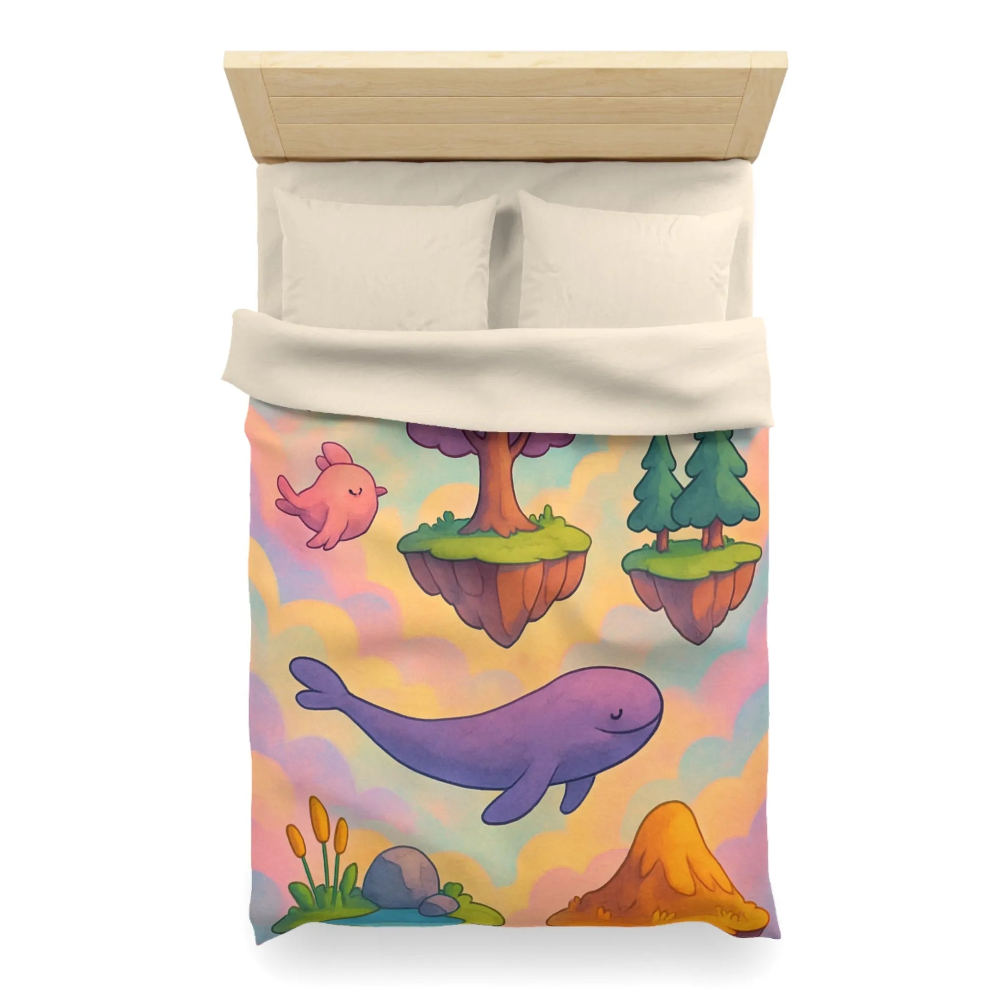 Housse de couette avec îles flottantes et créatures rêveuses dans un ciel magique