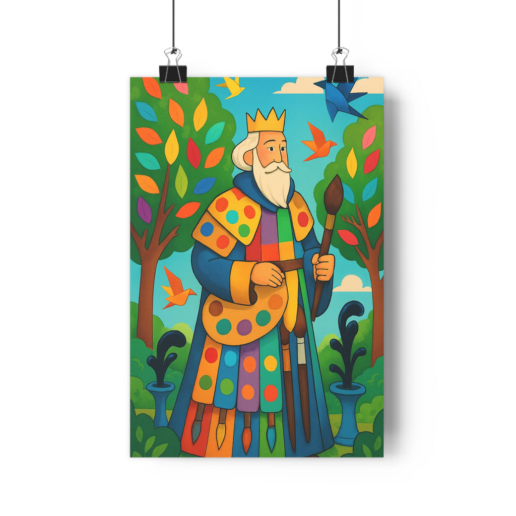 Poster décoratif artistique bleu vert joyeux illustration fantaisie salon chambre royal couronne pinceau végétation