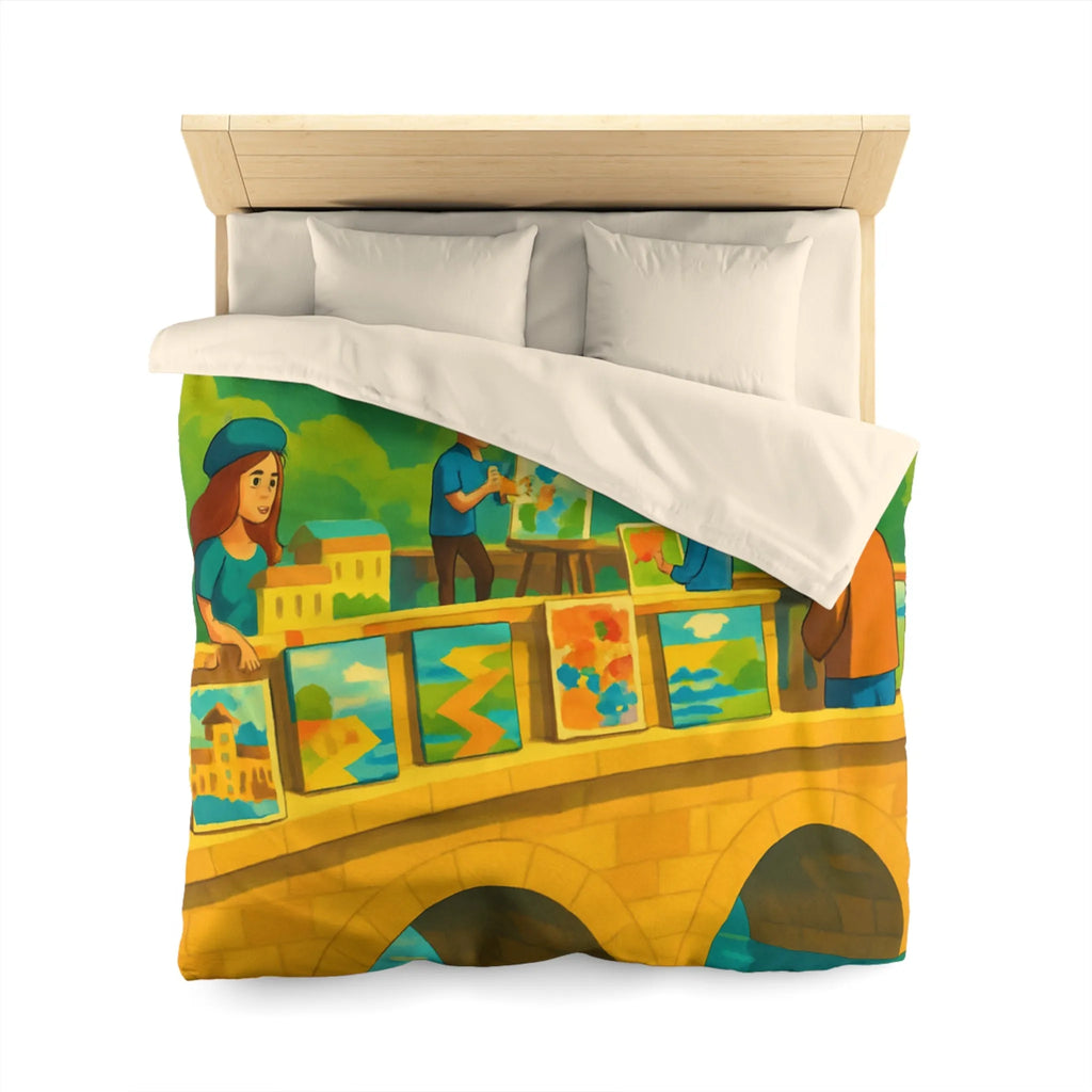 Housse de couette colorée thème pont artistique avec moulins à vent et paysage