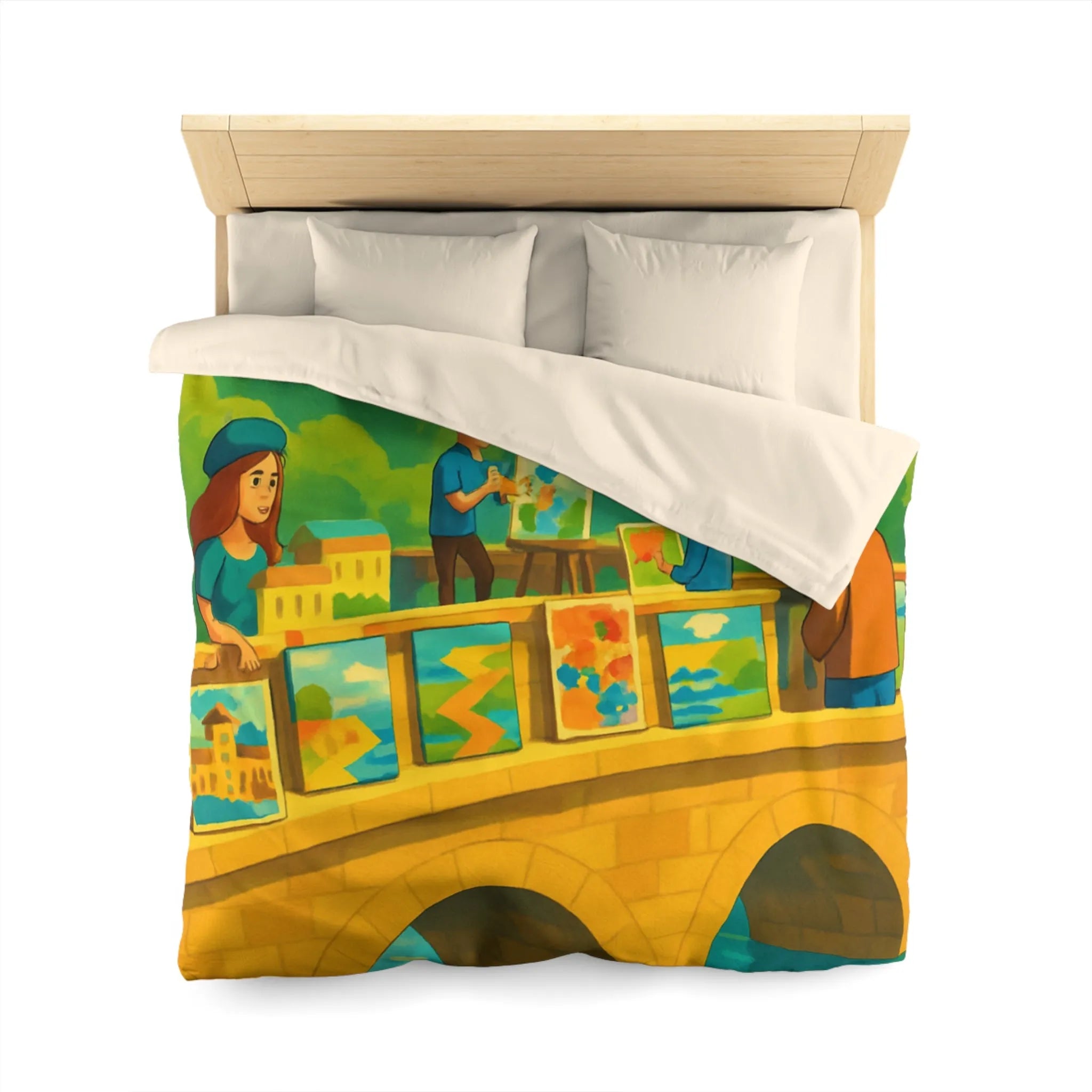 Housse de couette colorée thème pont artistique avec moulins à vent et paysage