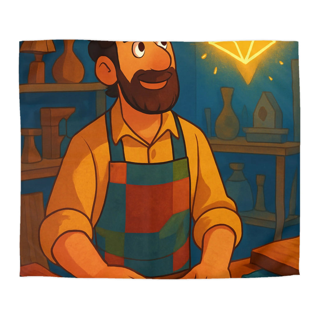 Artisan souriant dans atelier vibrant avec formes géométriques lumineuses pour belle décoration