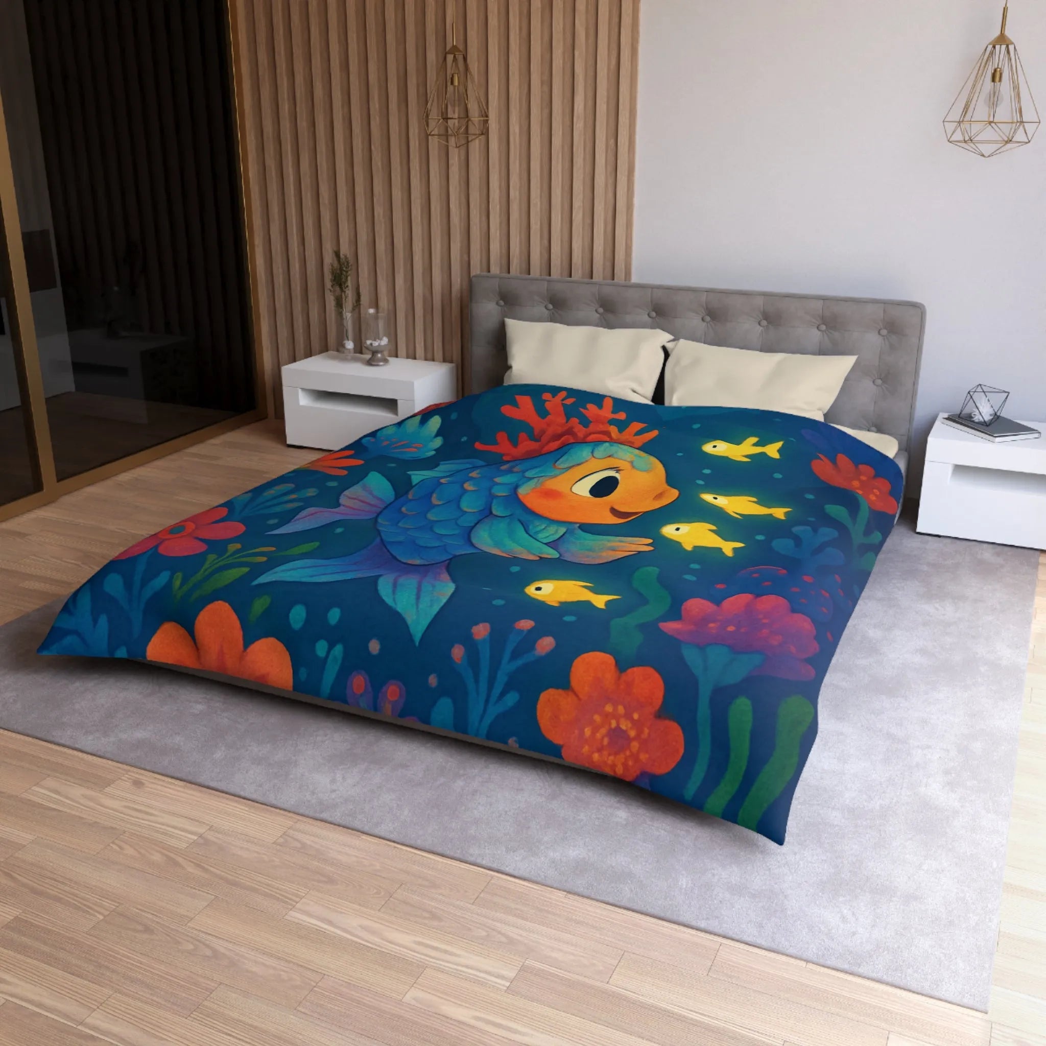 Housse de Couette Colorée avec Poisson et Lune, Idéale Chambre Enfant Rêveuse