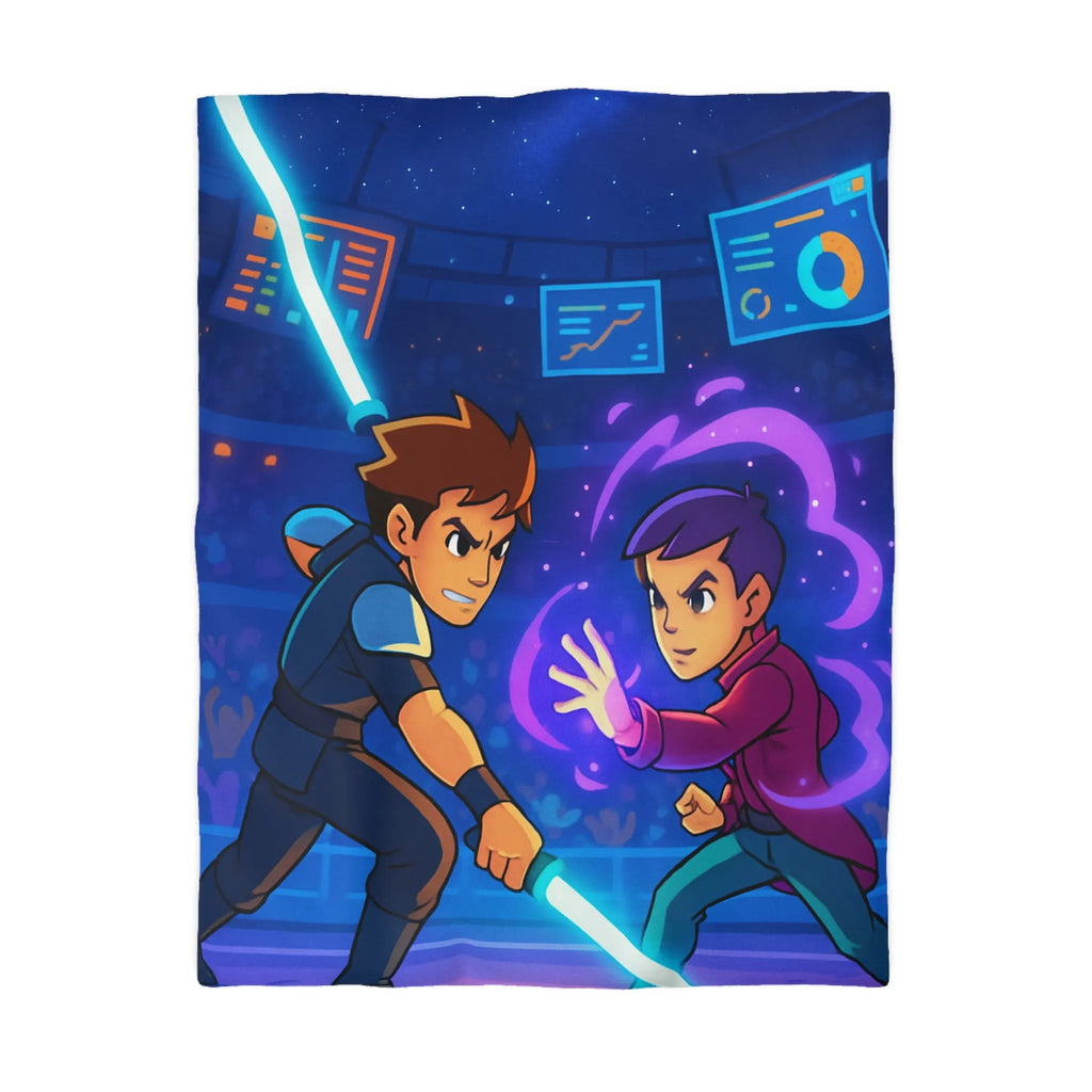 Housse de Couette Enfant Design Combat Futuriste avec Épées Laser et Pouvoirs Magiques