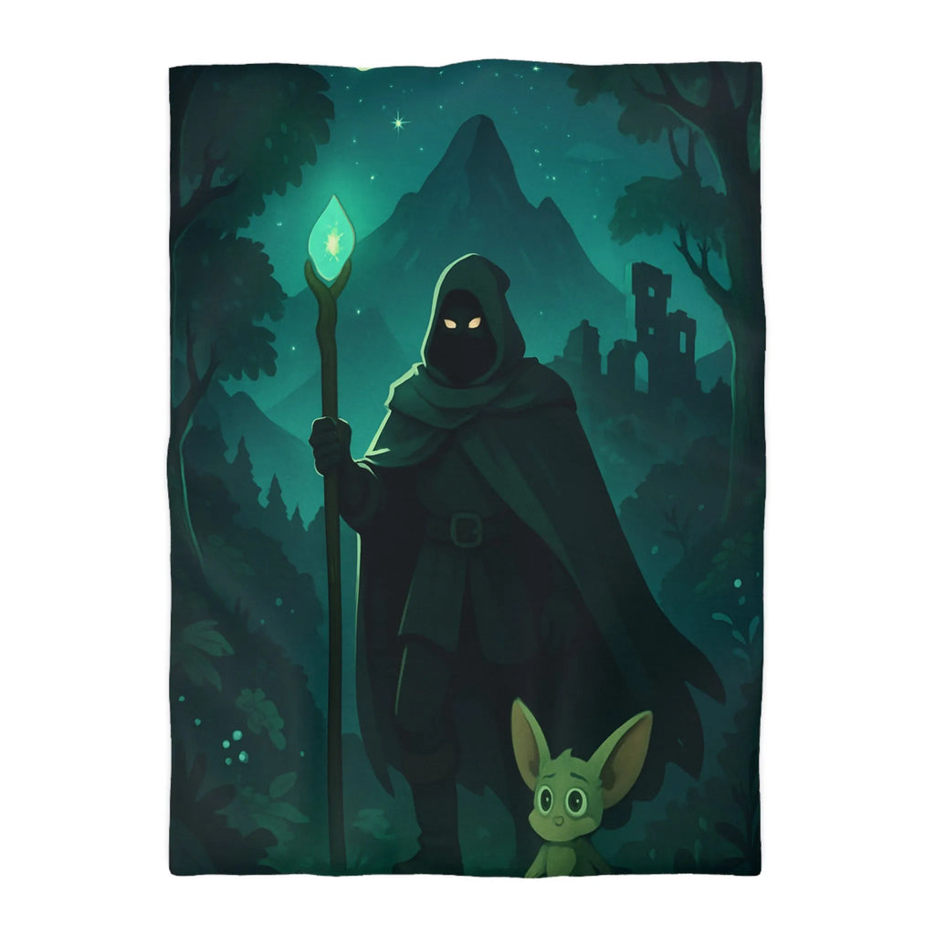 Housse de couette magique avec sorcier nocturne et créature enchantée sous lune étoilée