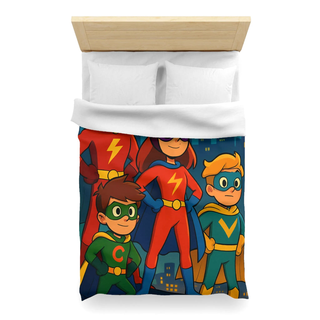 Housse de couette colorée super-héros pour enfants avec scène urbaine lumineuse et joyeuse