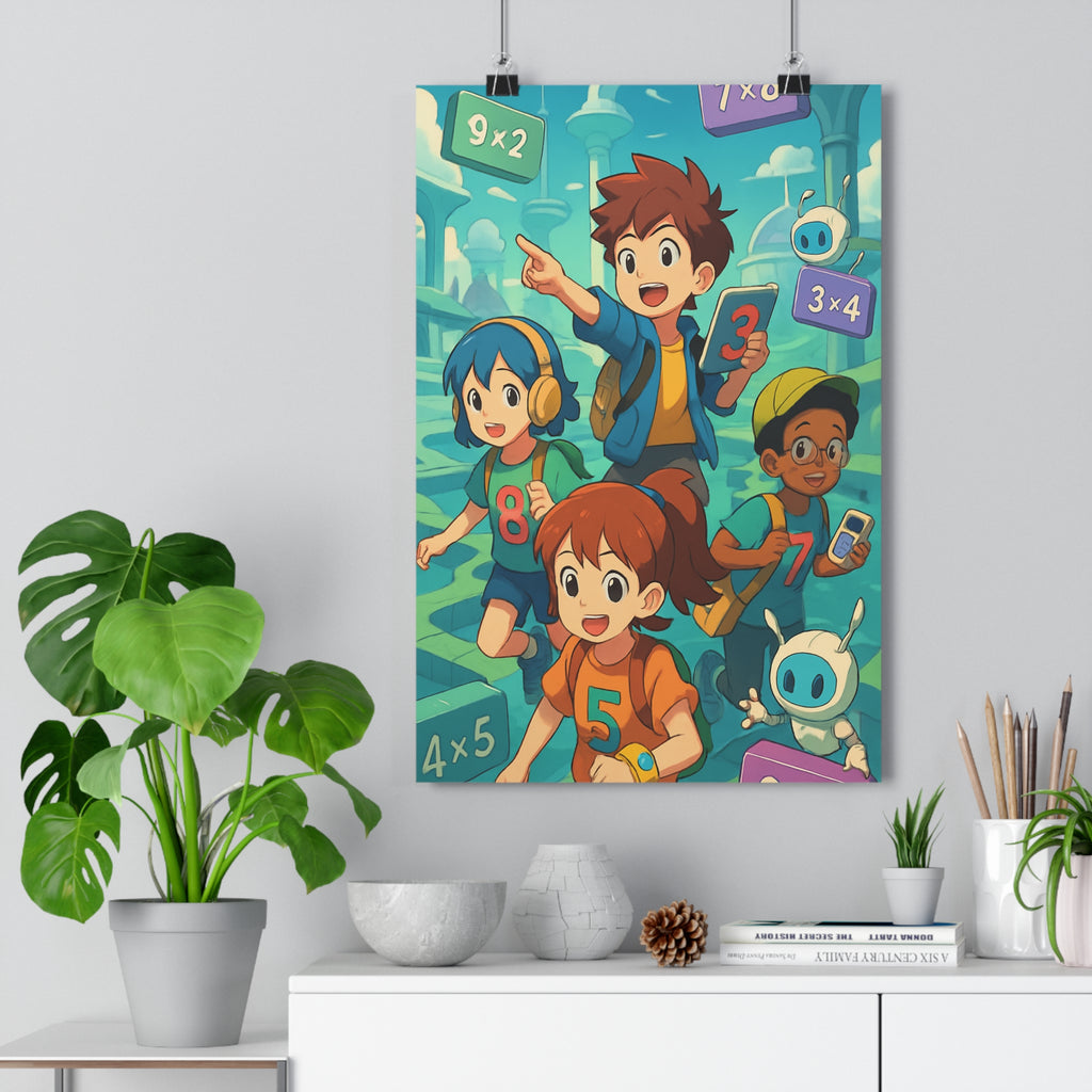 Poster décoratif coloré moderne aventure futuriste enfant chambre ludique éducatif cube robotique multiplication vibrant