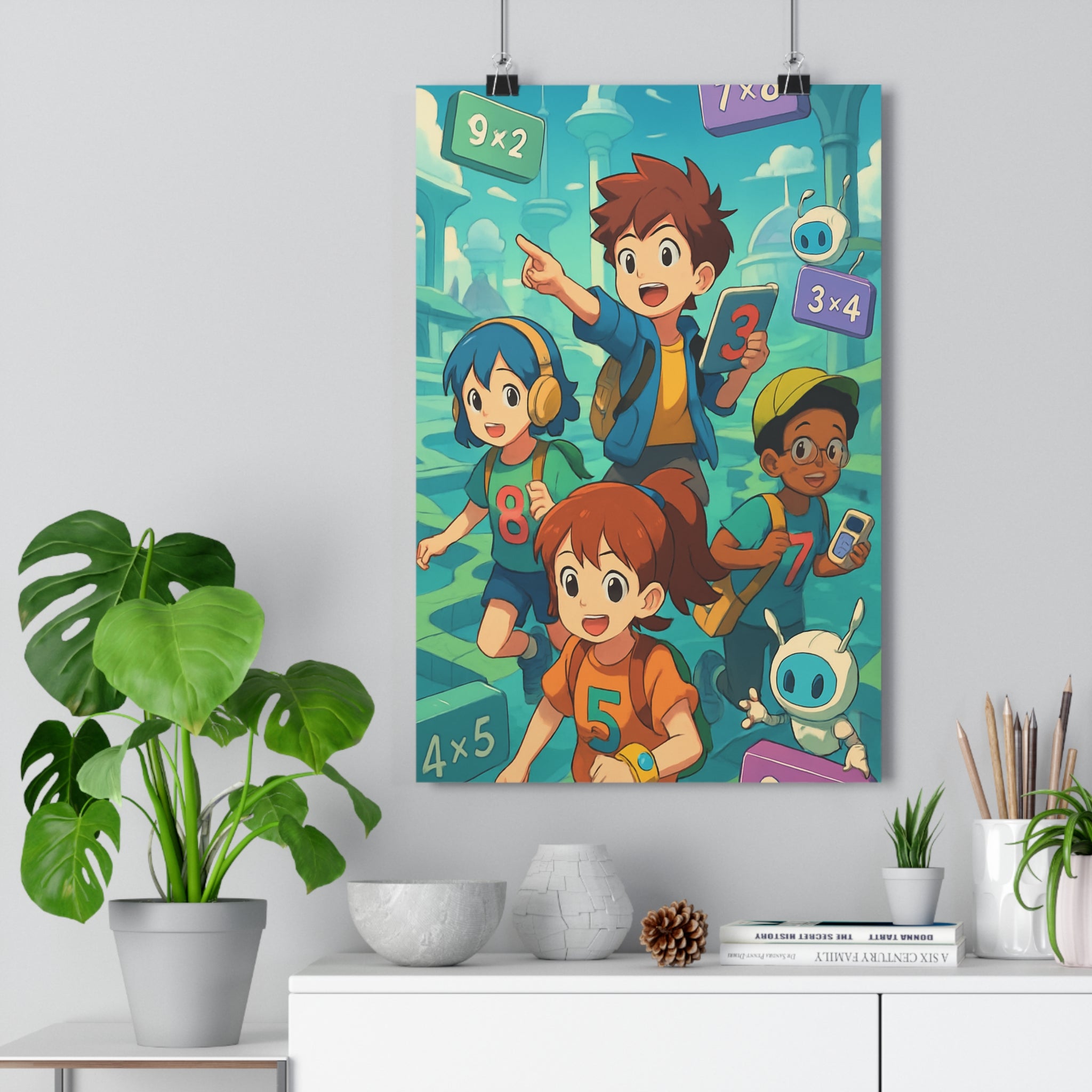 Poster décoratif coloré moderne aventure futuriste enfant chambre ludique éducatif cube robotique multiplication vibrant