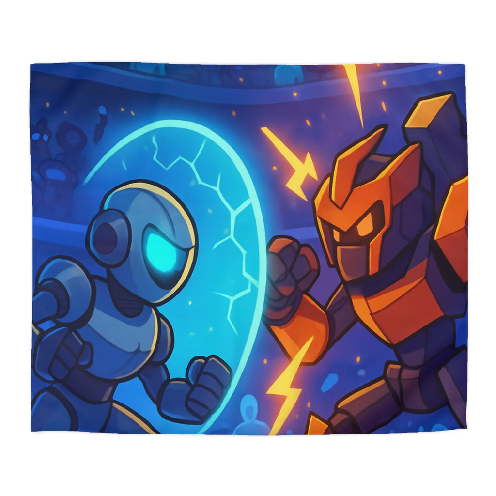 Housse de couette avec robots futuristes en duel, éclairs et énergie dans l'arène