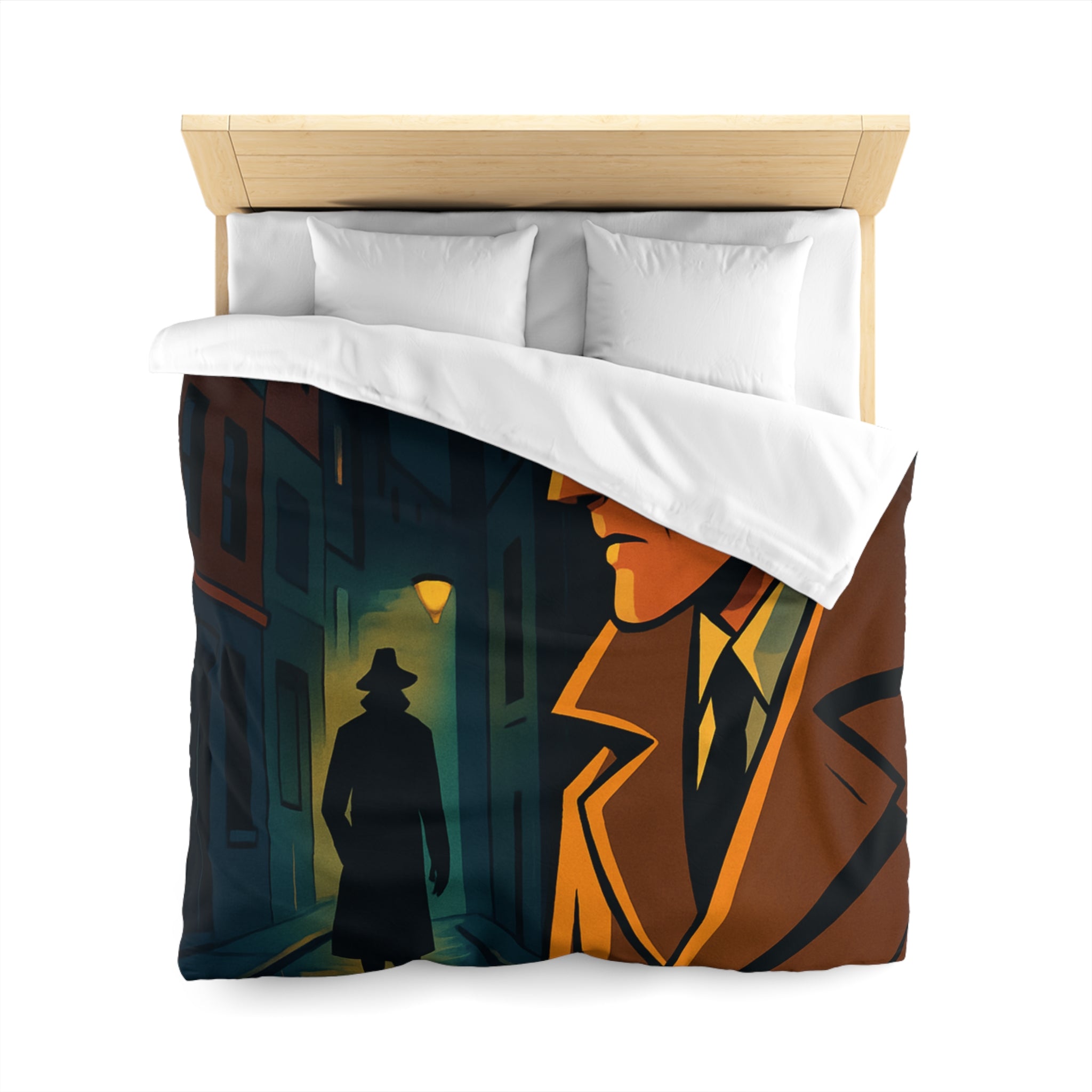 Housse de couette vintage style détective film noir avec scène de rue mystérieuse