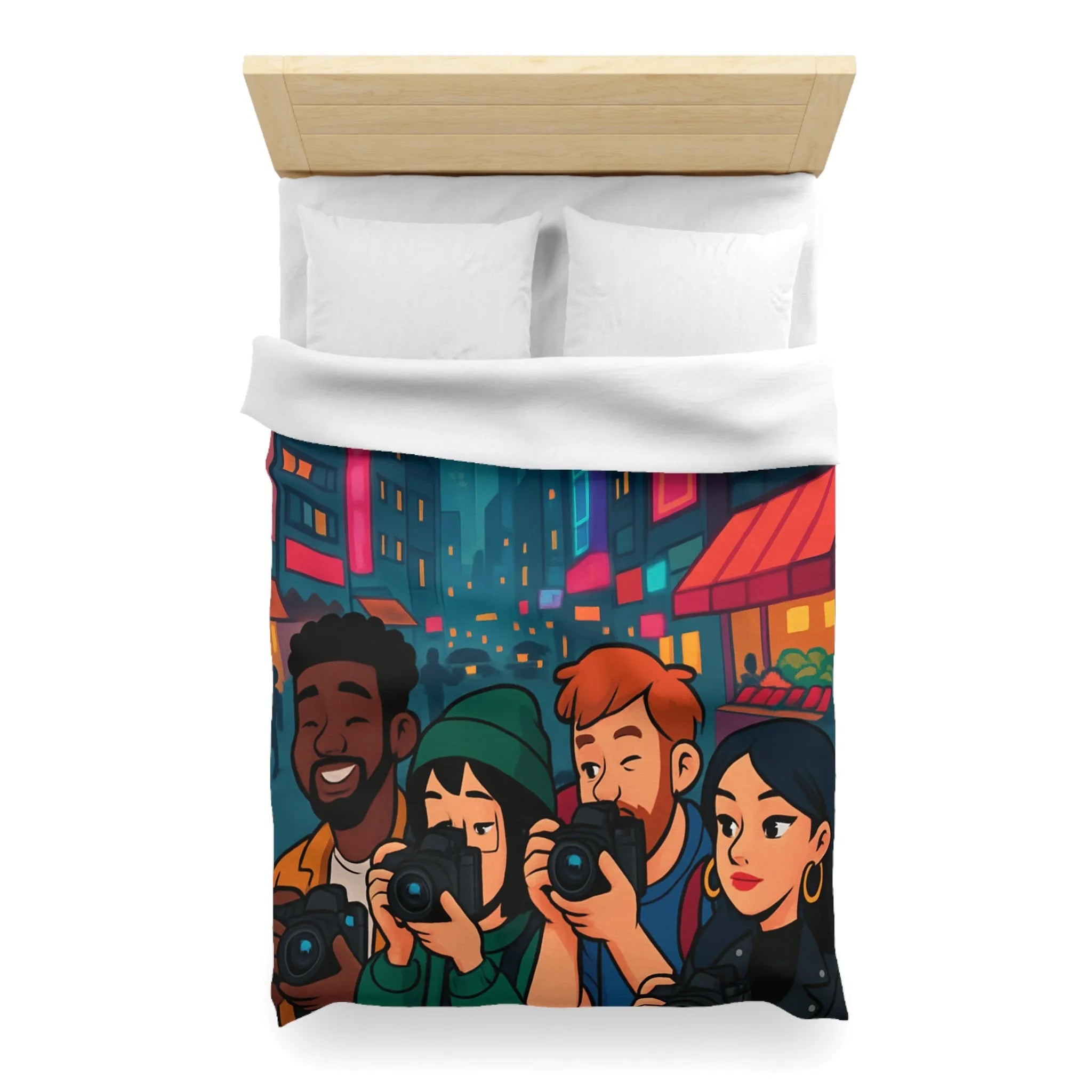 Housse de couette avec photographe urbain, design moderne et ambiance néon vibrante