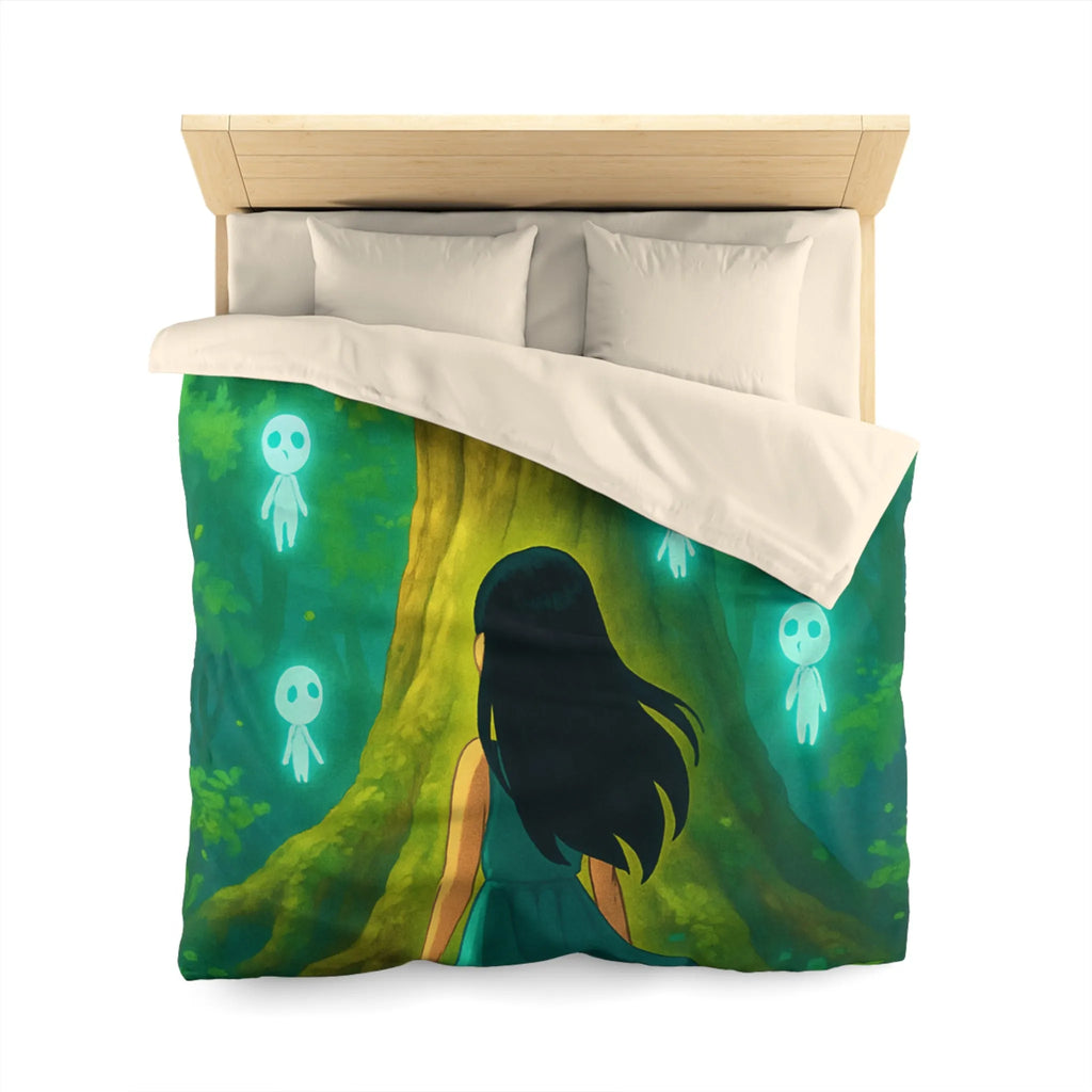 Housse de couette forêt mystique avec fille et esprits lumineux style onirique enchanteur