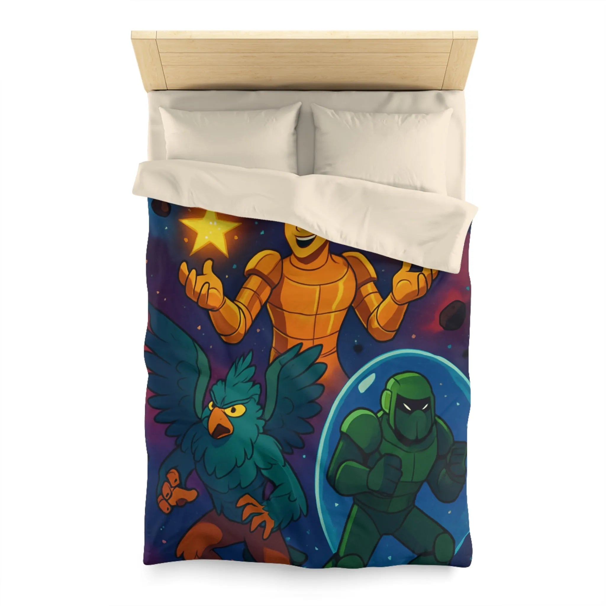 Housse de couette colorée avec personnages fantastiques: héros flamboyant, créature ailée, soldat galactique