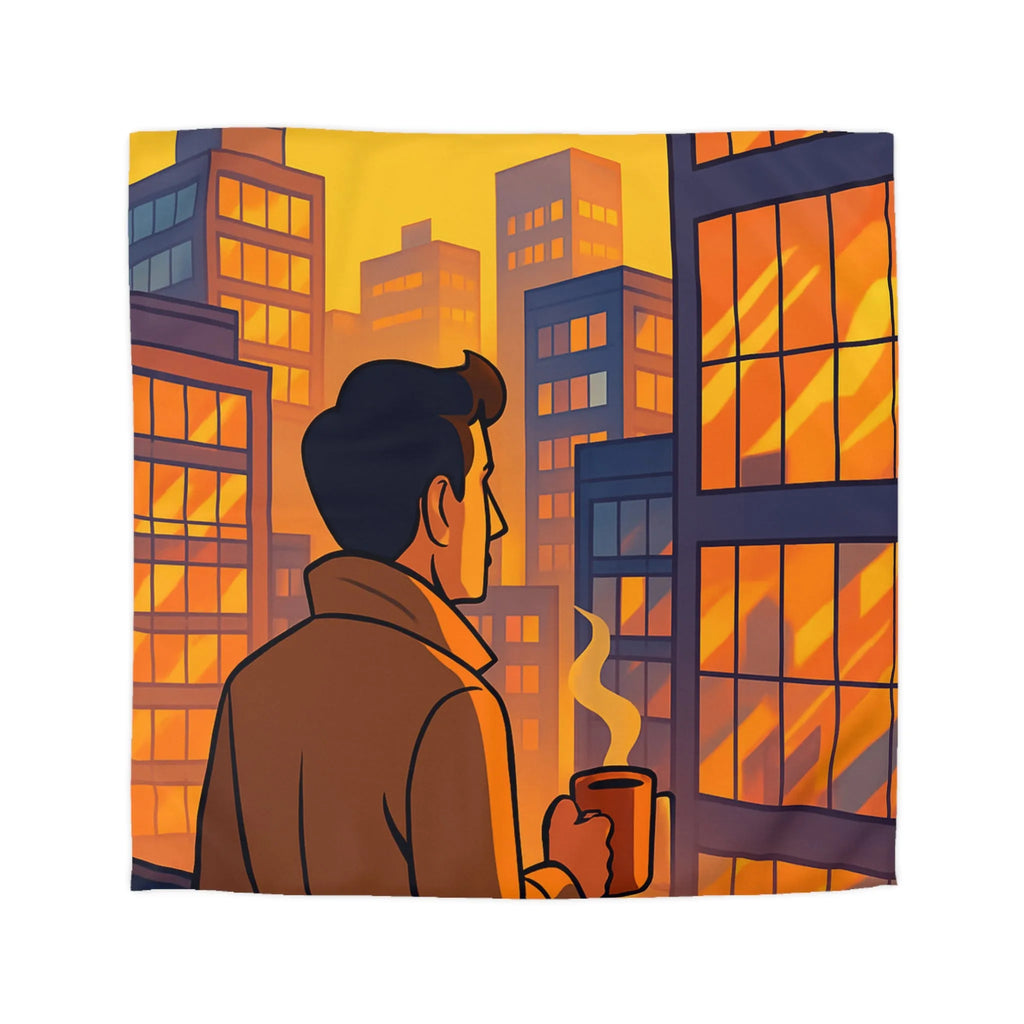 Housse de couette avec illustration urbaine au coucher de soleil et silhouette masculine