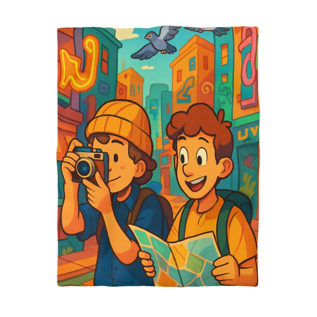 Housse de Couette Colorée avec Illustration de Voyageurs Urbains et Oiseaux Animés