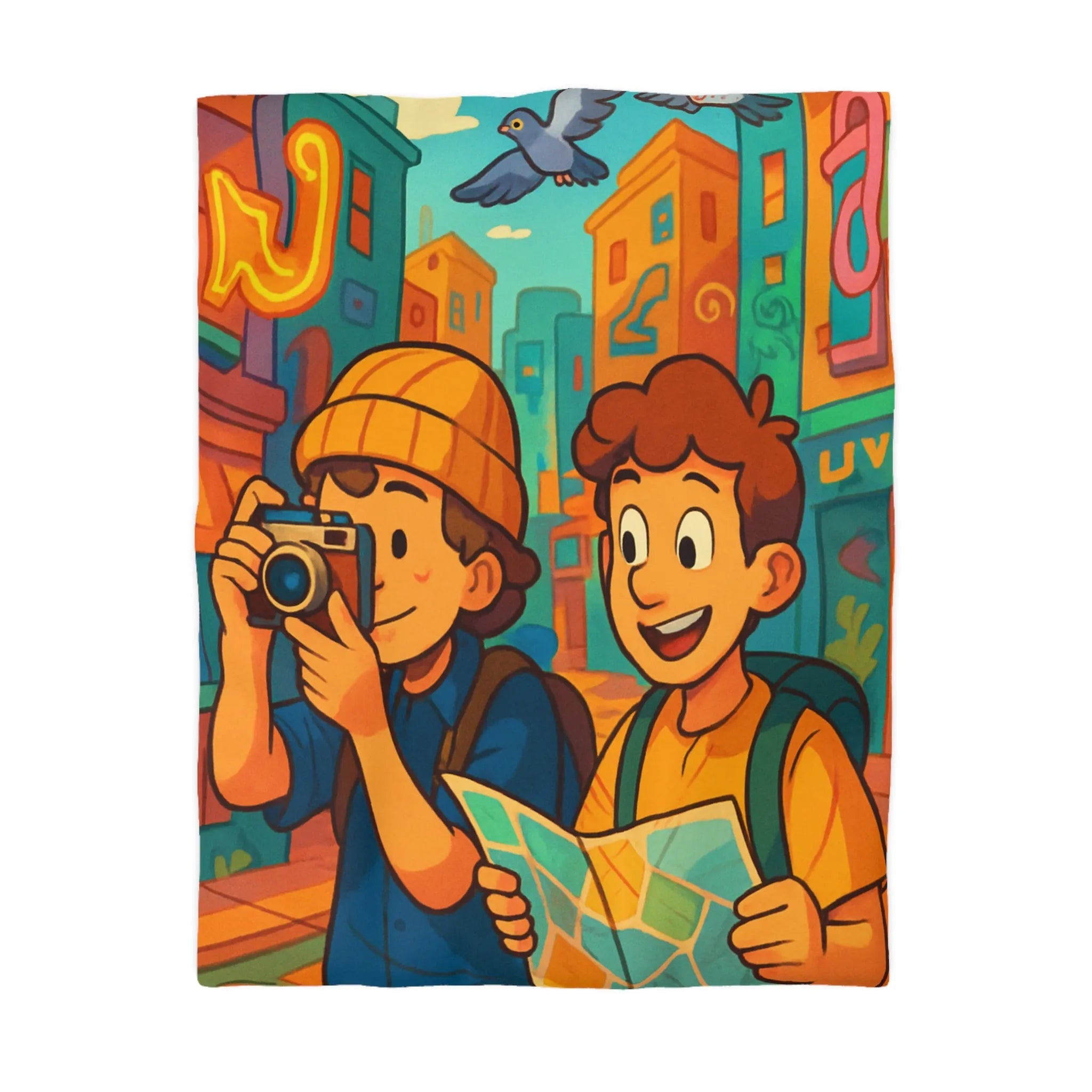 Housse de Couette Colorée avec Illustration de Voyageurs Urbains et Oiseaux Animés