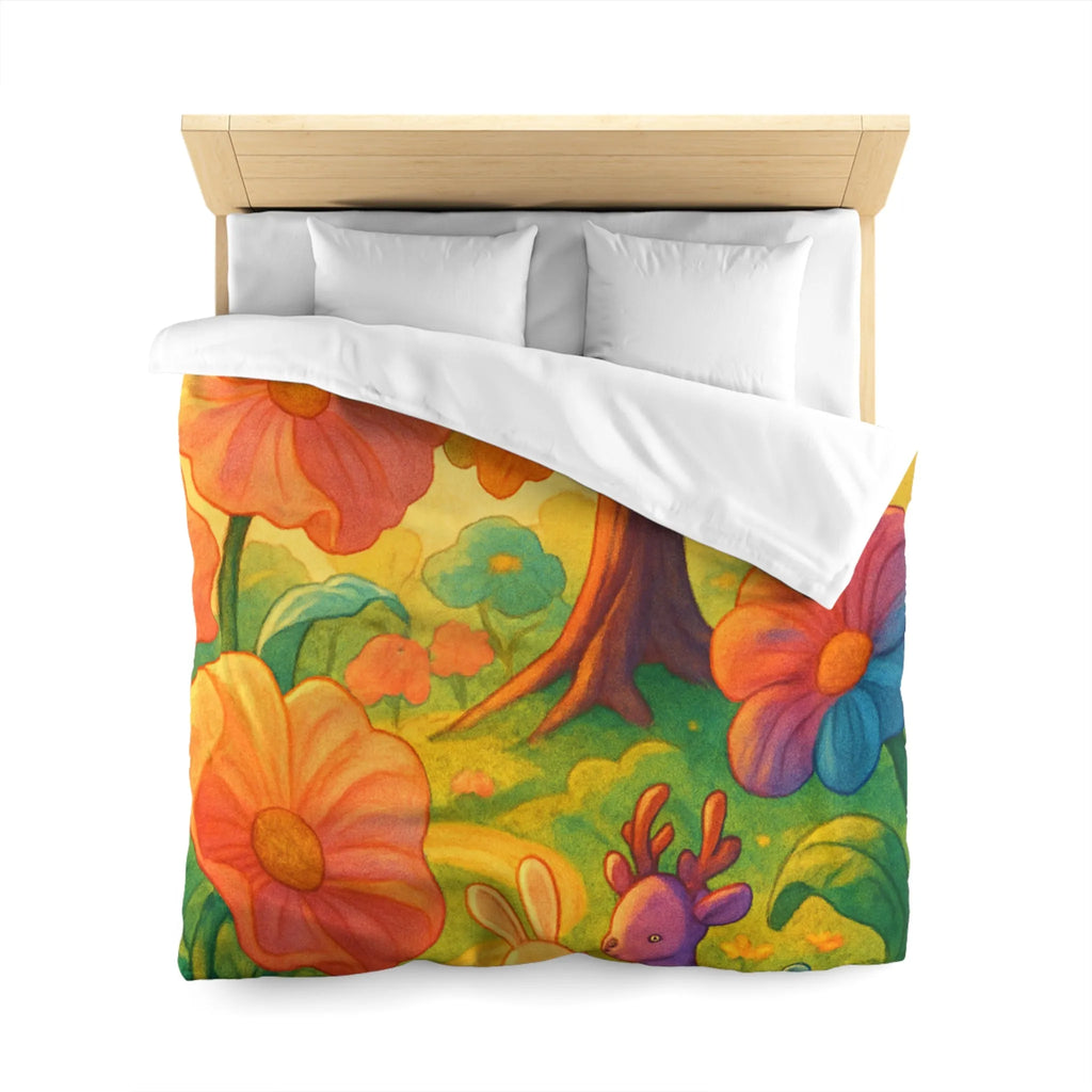 Housse de couette avec animaux mignons et fleurs colorées dans une forêt féerique