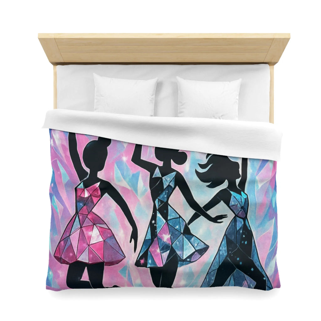 Élégantes silhouettes de danseuses avec motifs géométriques sur fond cristallin scintillant