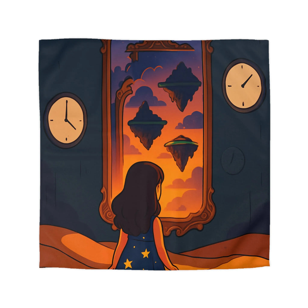 Housse de couette magique: paysage flottant, horloges rêveuses et fille contemplative