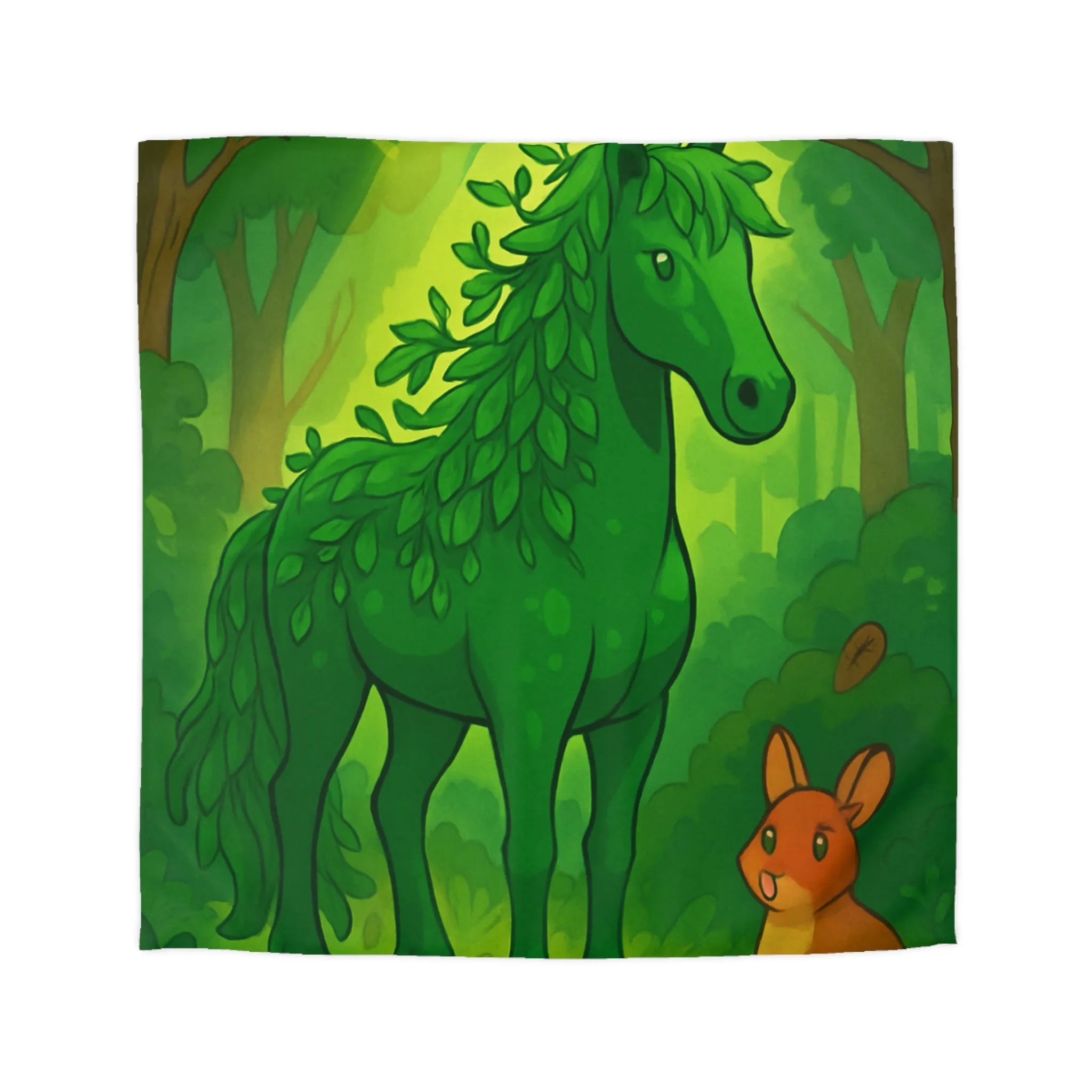 Housse de Couette Forêt Enchantée avec Cheval Vert et Animaux Sylvestres Amicaux
