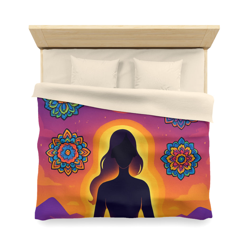 Paisible méditation silhouettée avec mandalas colorés et paysage crépusculaire serein et enchanteur