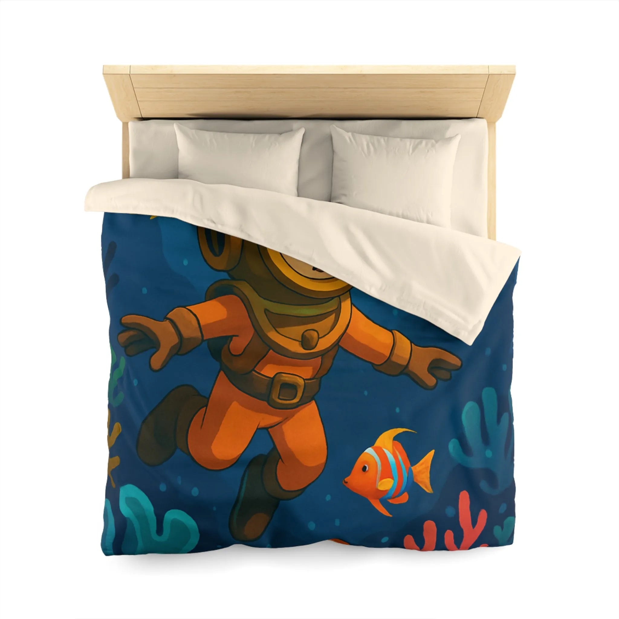 Housse de couette colorée enfant : plongeur sous-marin, poissons tropicaux et épave mystérieuse