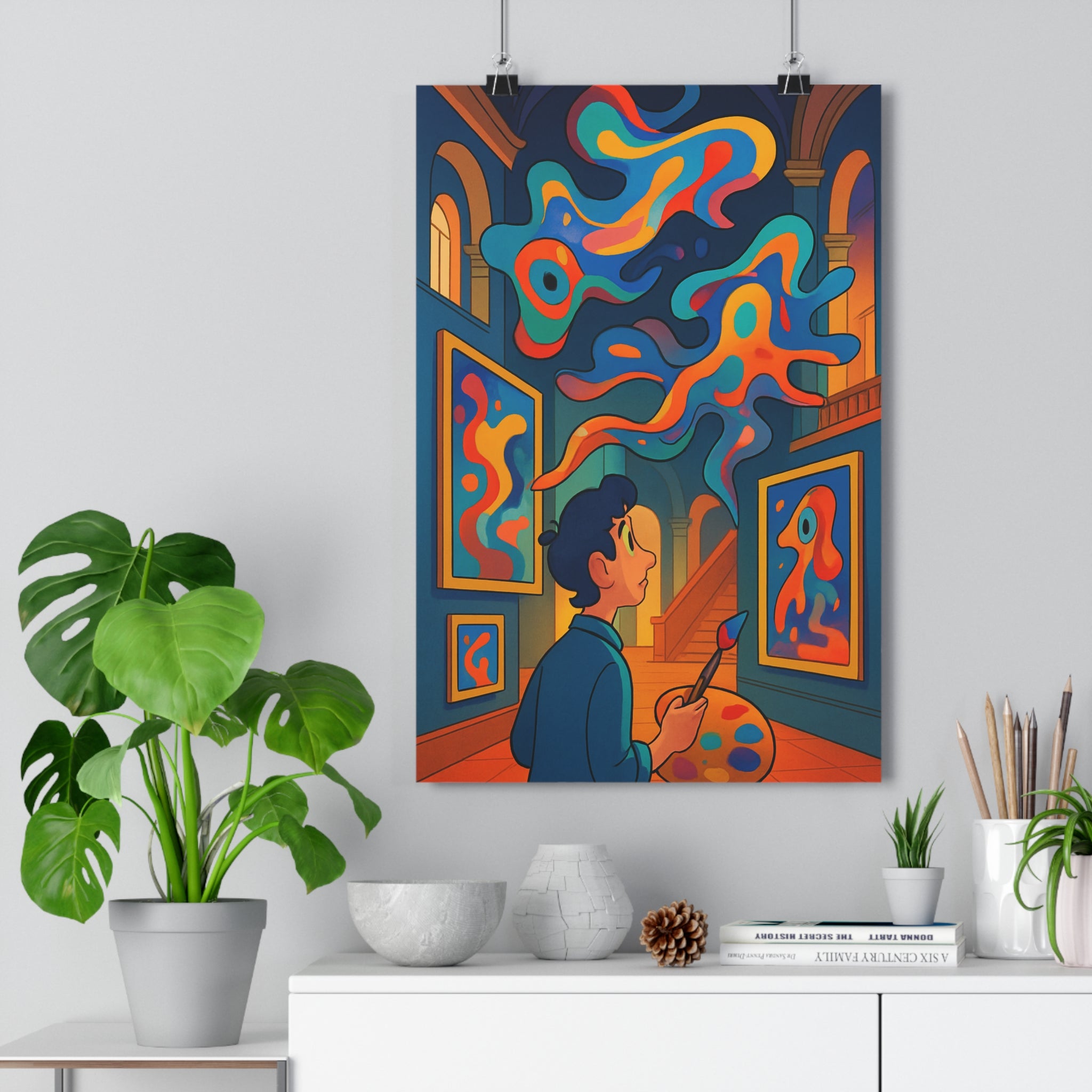 Poster décoratif art abstrait bleu orange jaune cartoon mystique inspirant salon bureau 30x46cm qualité