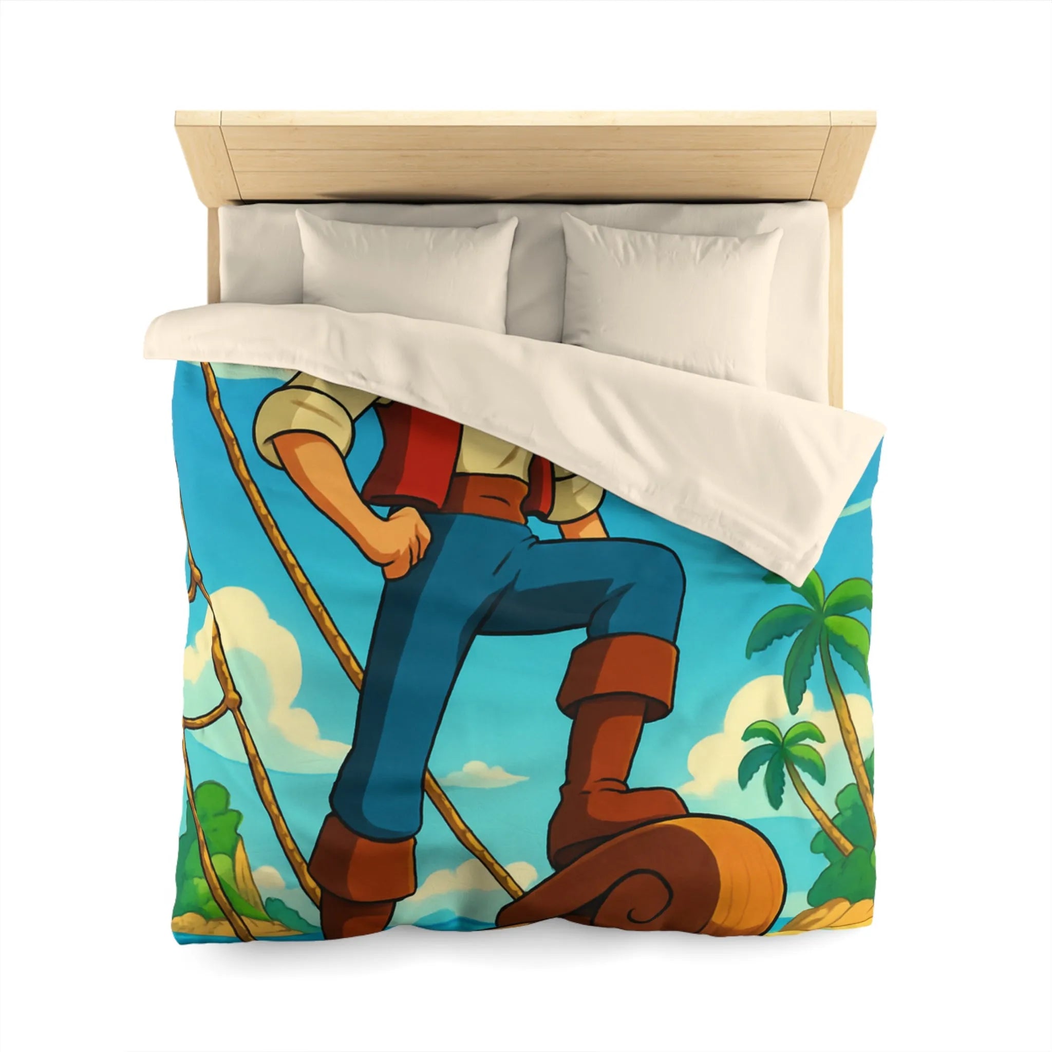 Housse de couette avec illustration de marin aventurier naviguant parmi palmiers et mer azur