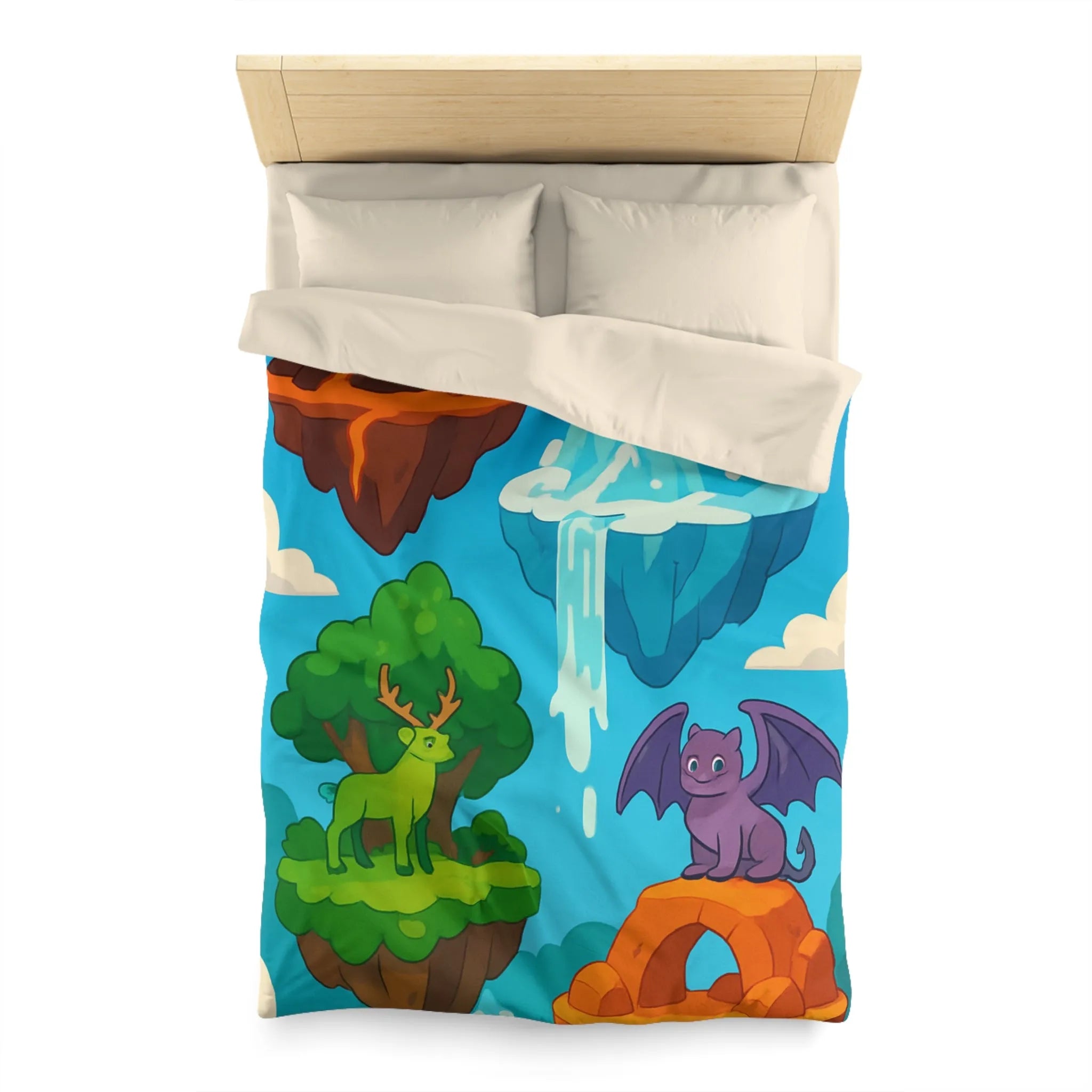 Housse de couette fantasy avec îles flottantes et créatures magiques colorées