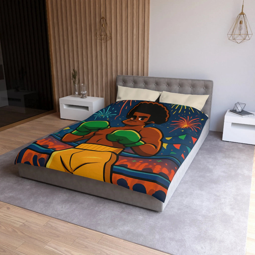 Housse de couette colorée avec boxeur et feux d'artifice pour chambre moderne et vibrante