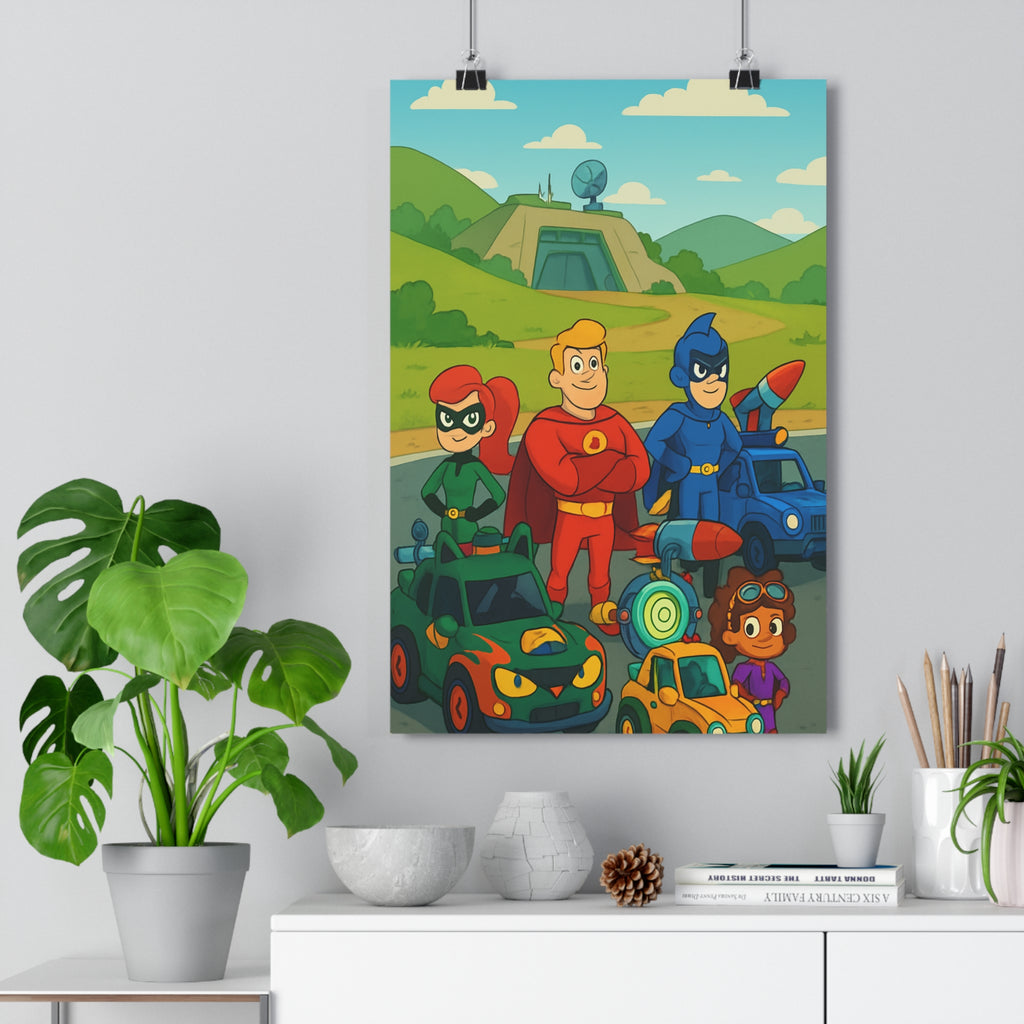 Poster décoratif cartoon aventure héros coloré rouge vert bleu chambre dynamique ludique vibrant moderne