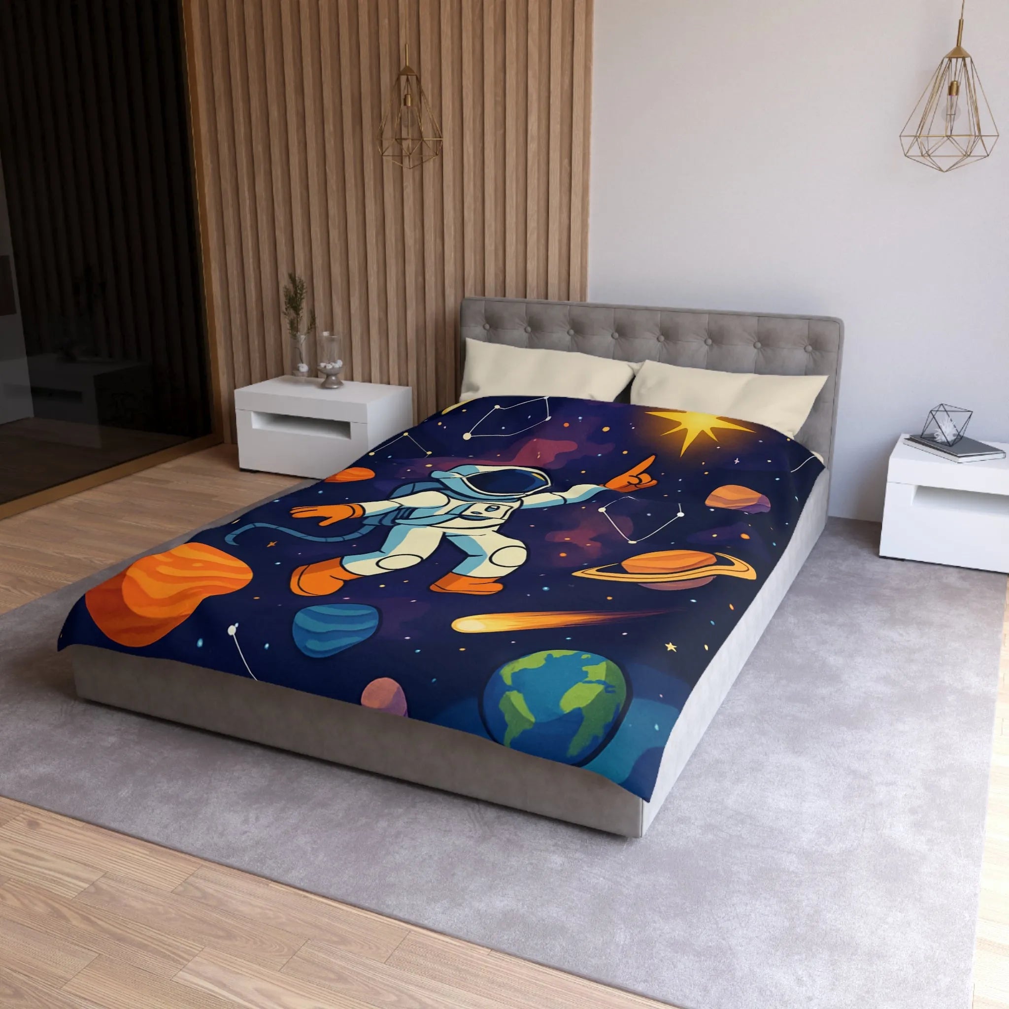 Housse de Couette Astronaute Enfantine avec Étoiles, Planètes et Constellations Colorées pour Chambre