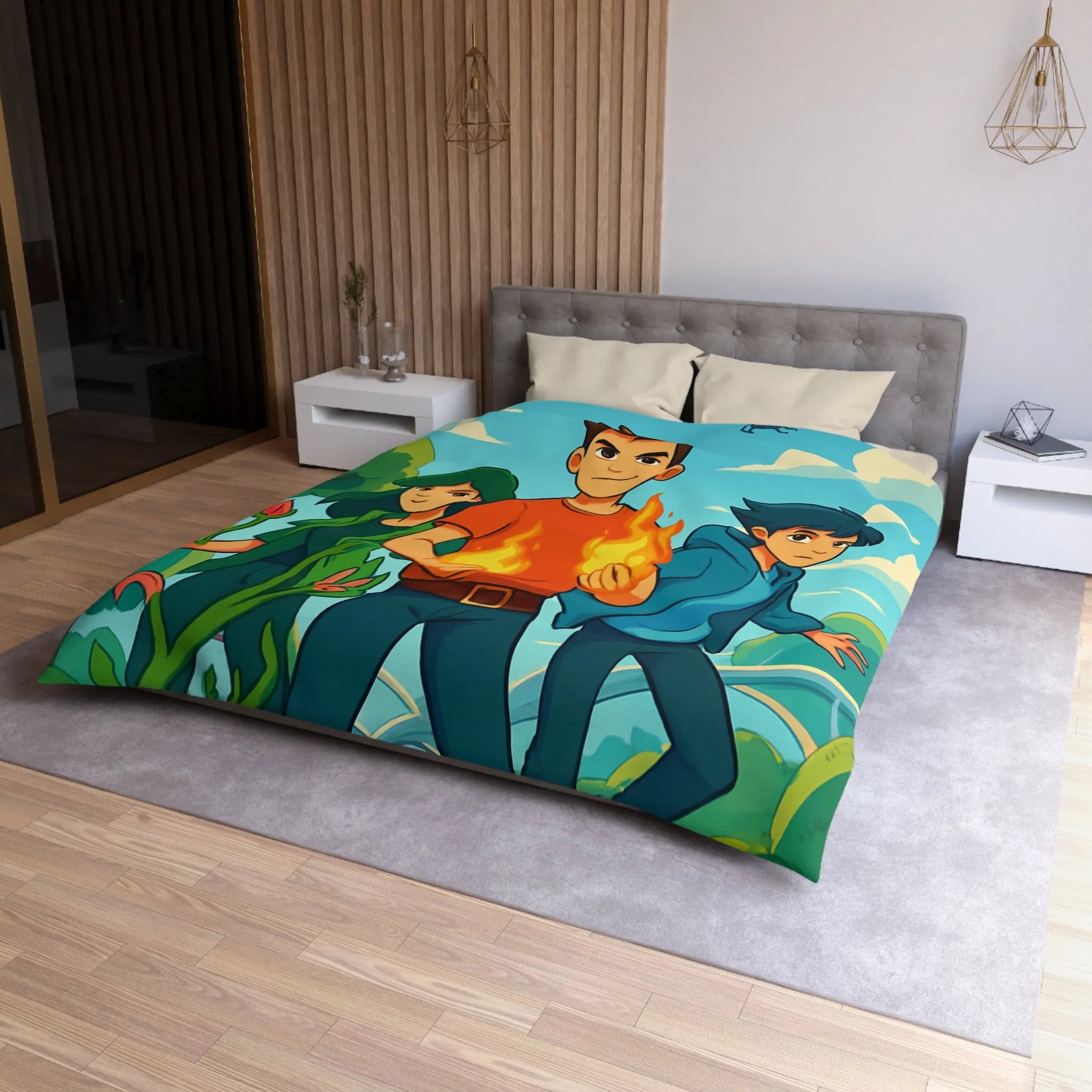 Housse de couette aventure jeune héros, nature et futur avec drones volants