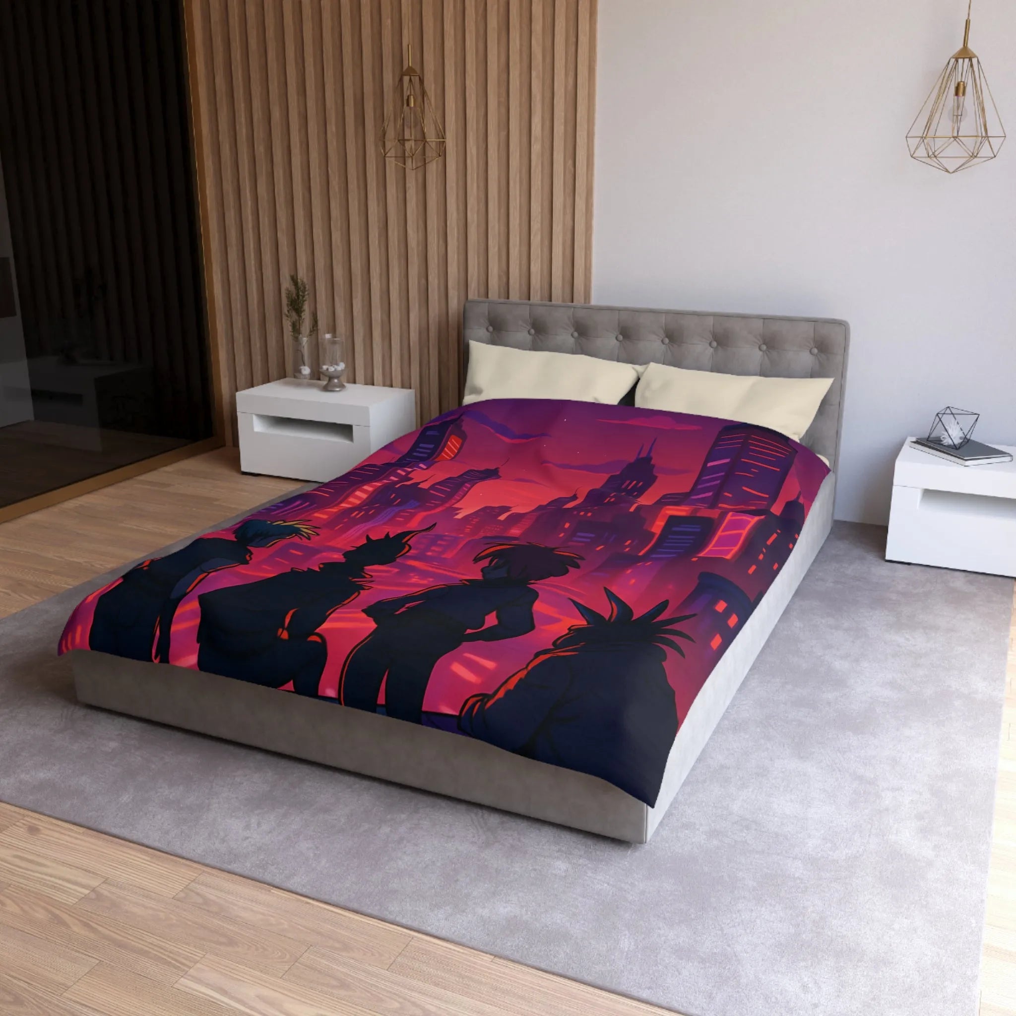 Housse de couette colorée urbaine style rétro avec personnages devant une ville cyberpunk