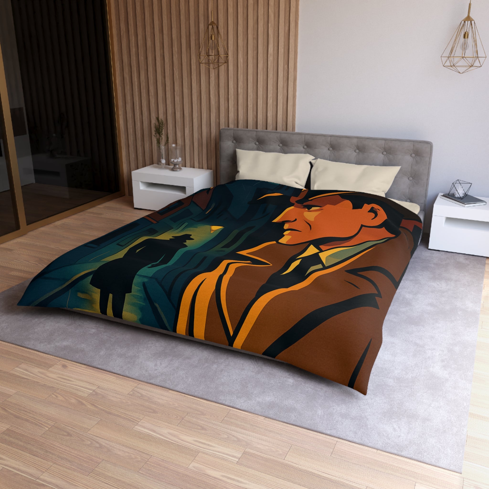 Housse de couette vintage style détective film noir avec scène de rue mystérieuse