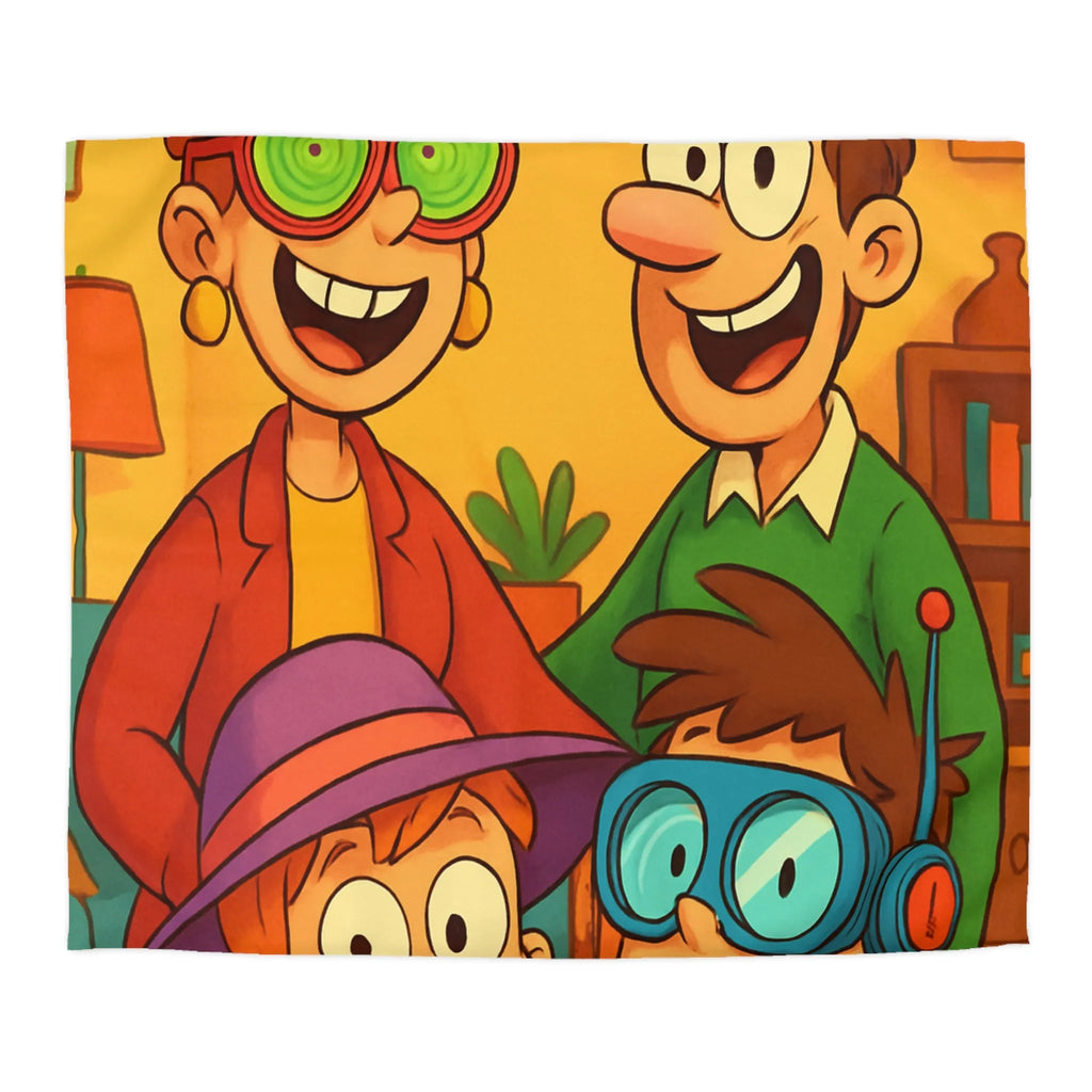 Housse de couette joyeuse avec une famille amusante et colorée, lunettes originales