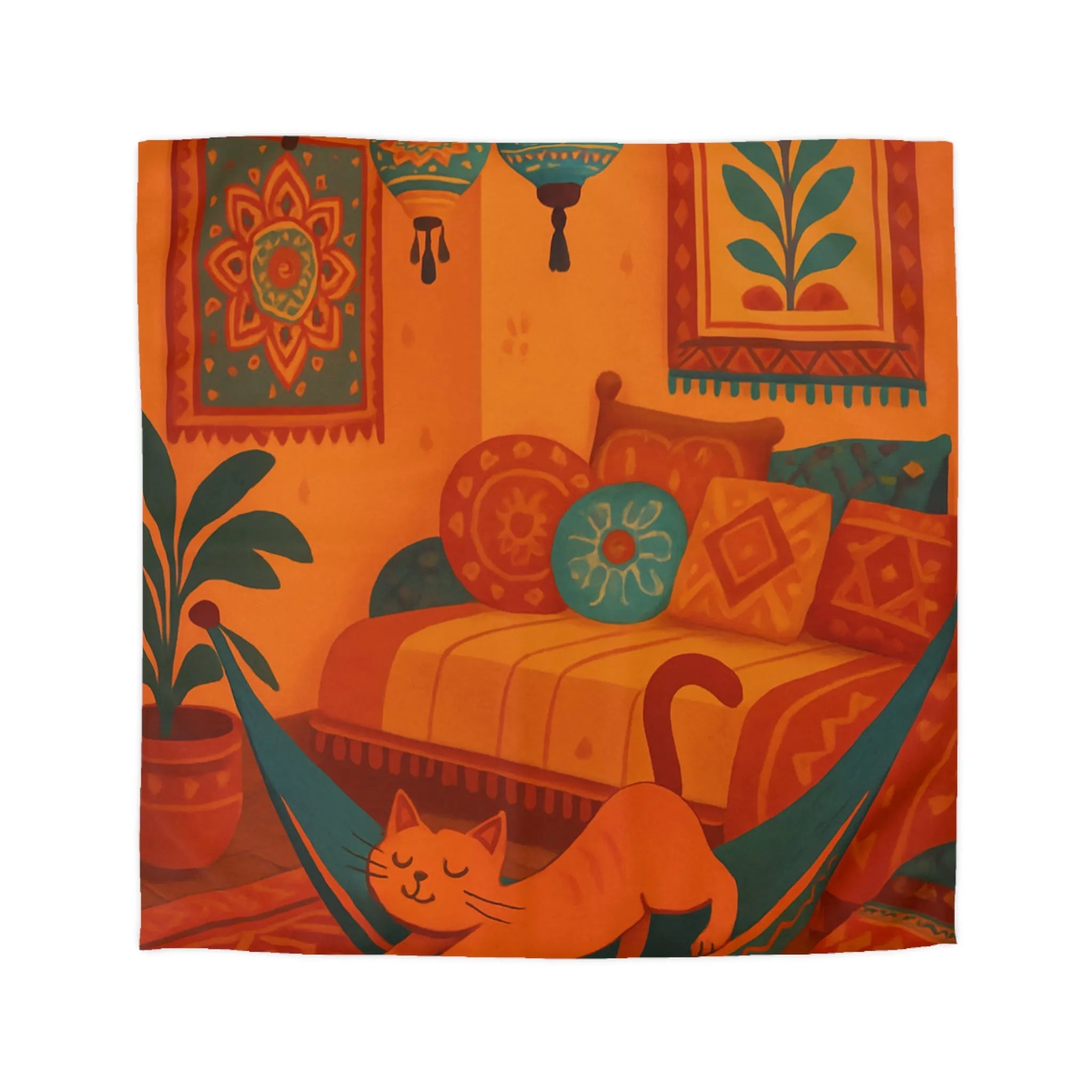 Housse de couette bohème avec motifs mandala et chat dans des tons chauds
