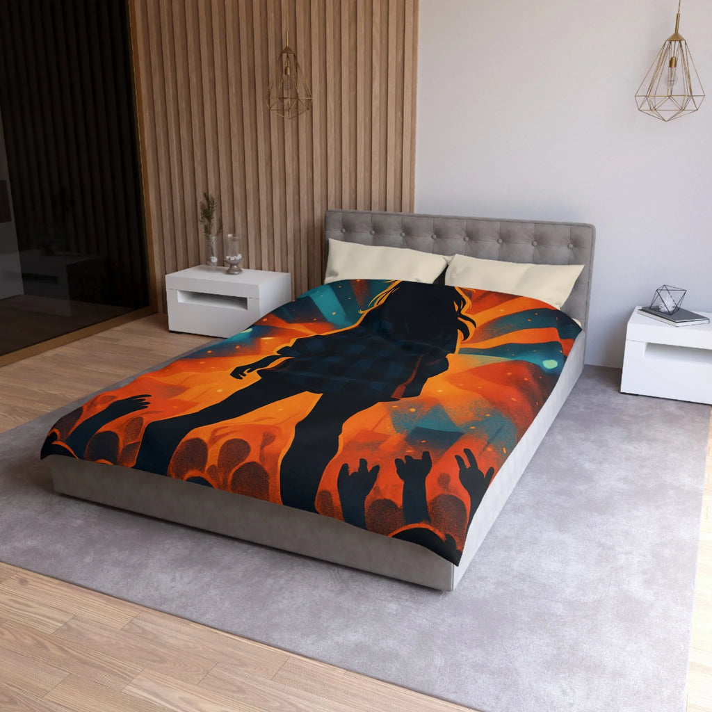 Housse de couette concert silhouette musicien rétro rayons de lumière colorés scène