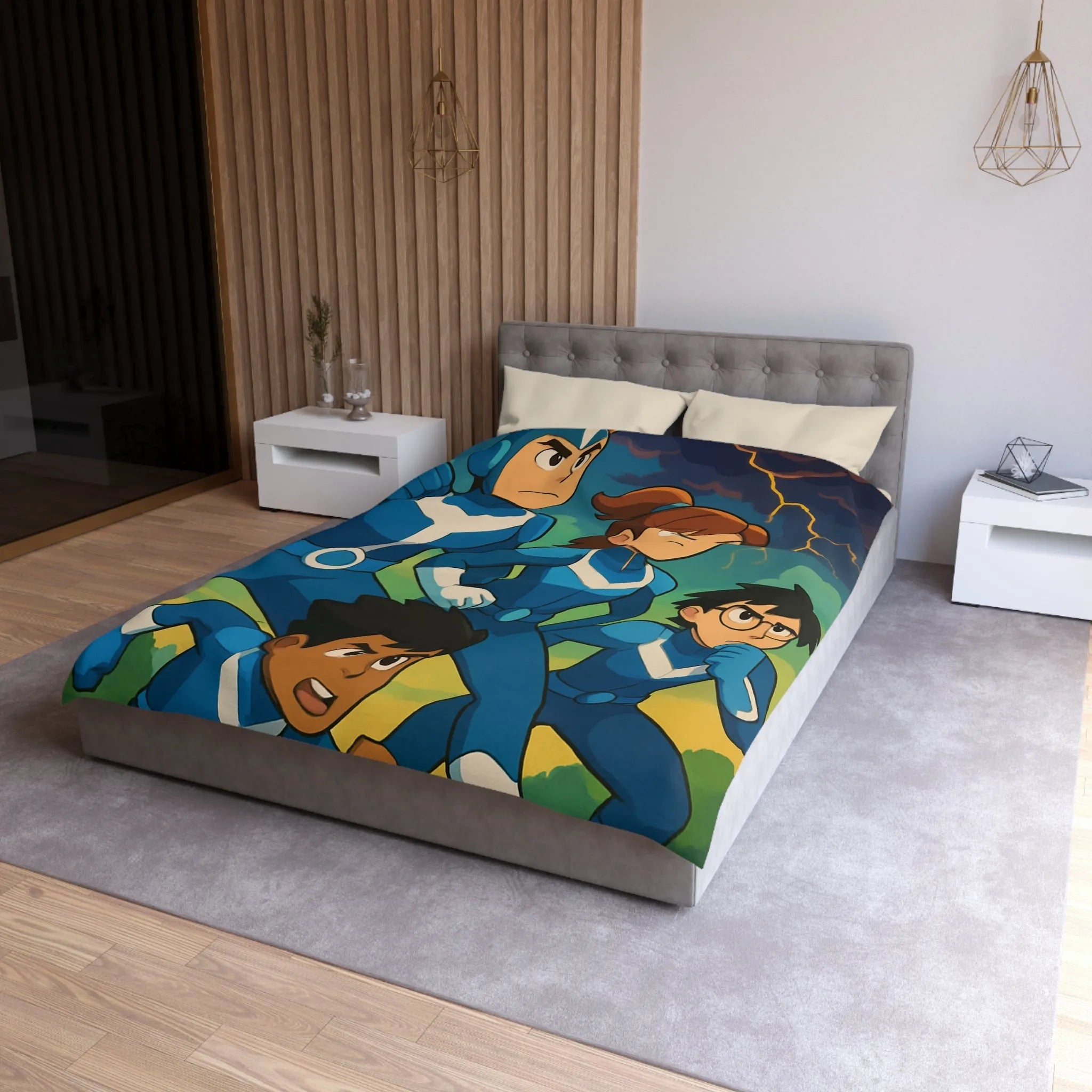 Housse de couette aventure : personnages animés et ciel orageux captivant pour chambre dynamique