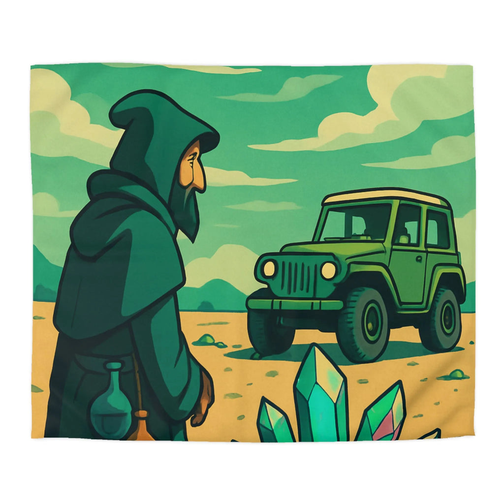 Housse de couette illustrée avec paysage surnaturel, grotte colorée et véhicule tout-terrain