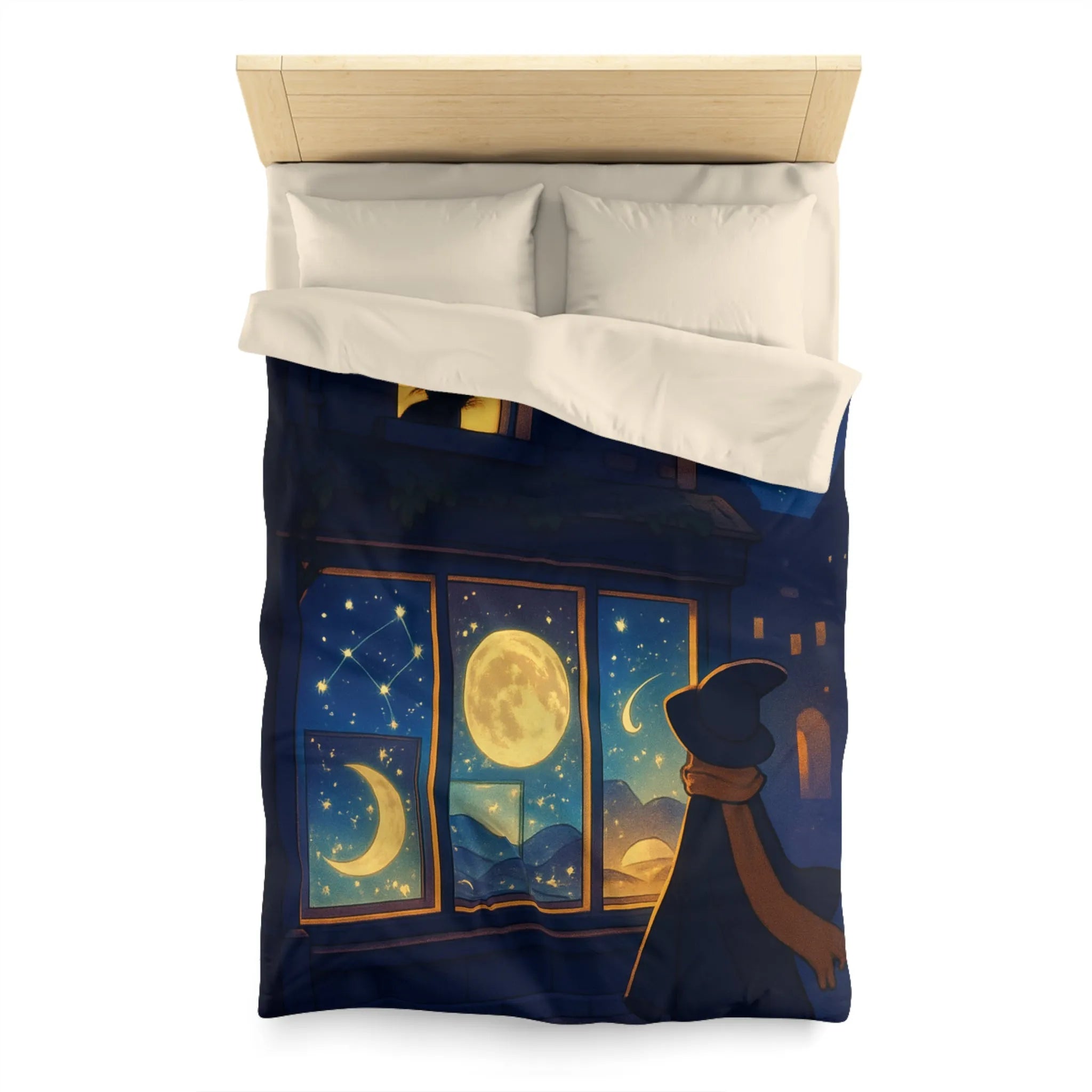 Housse de couette magique avec scène nocturne féerique, chat mystique et ciel étoilé