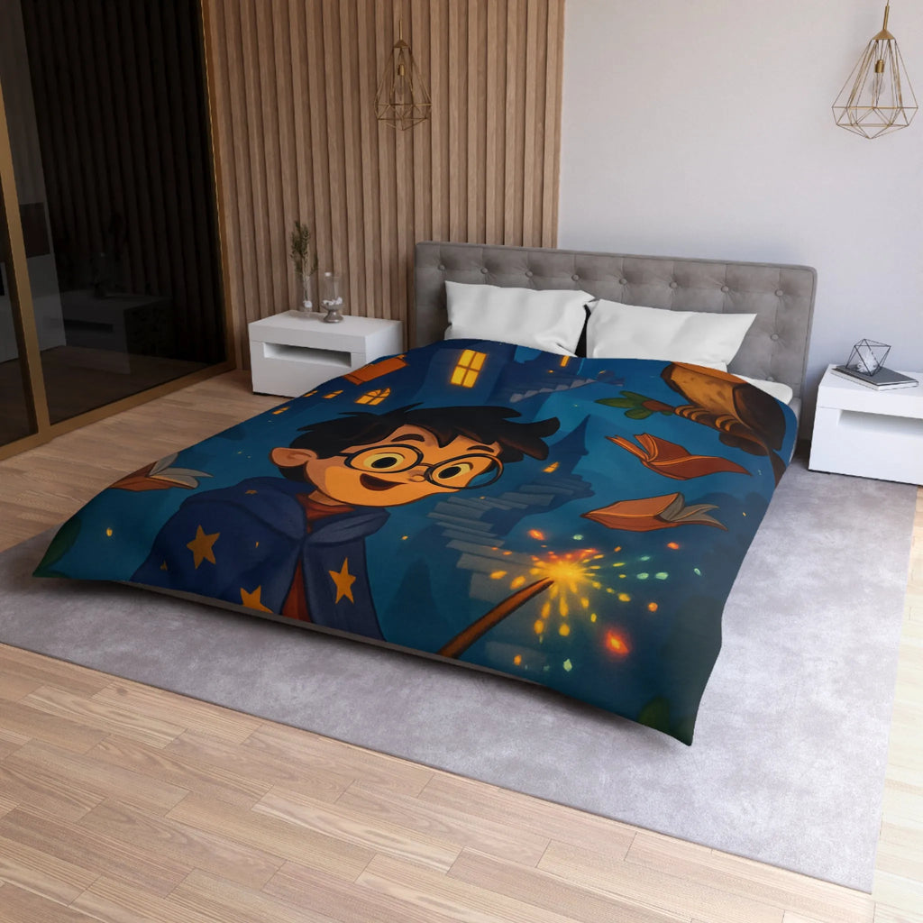 Housse de couette magique avec sorcier, hibou, château et livres enchantés étoiles