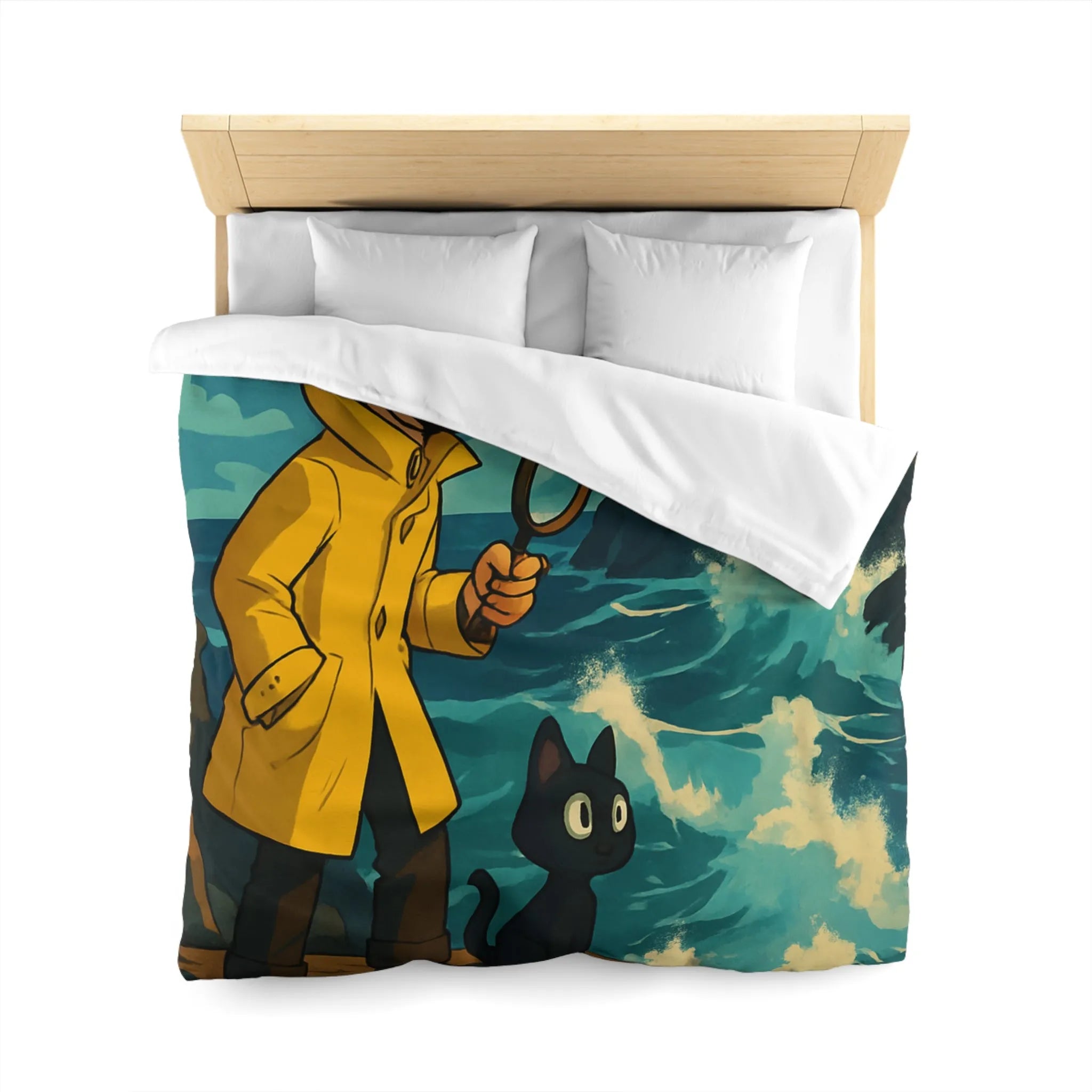 Housse de Couette Aventure Enfantine avec Phare, Océan et Chat Mystérieux